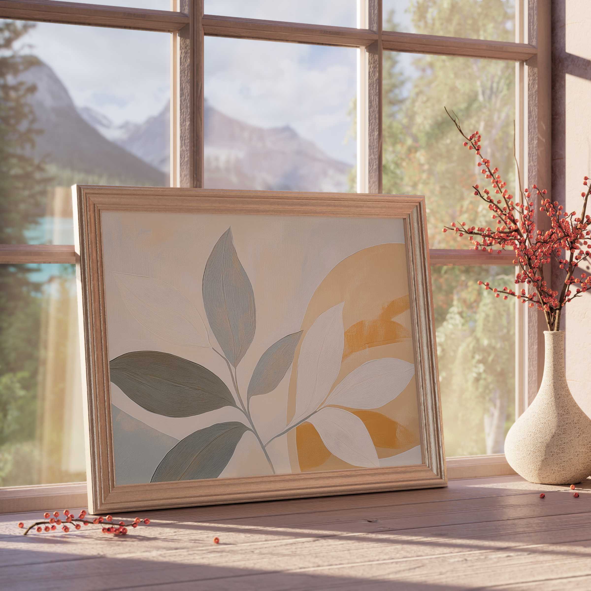 Botanical downloadable art featuring soft earth tones and minimalist leaves, perfect for serene, curated interiors