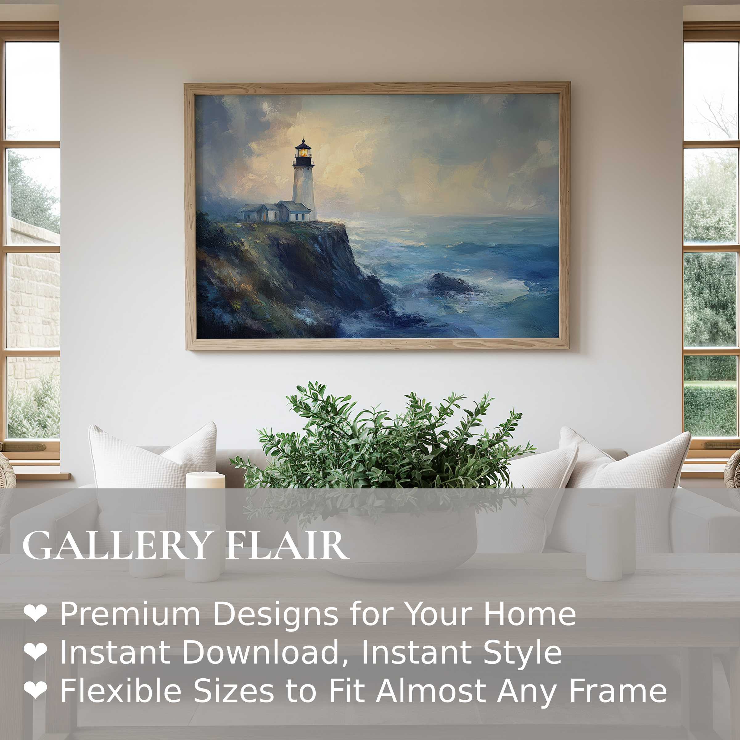 Serene beach wall art print of a lighthouse on rugged cliffs, evoking calm coastal elegance in a modern minimalist living space