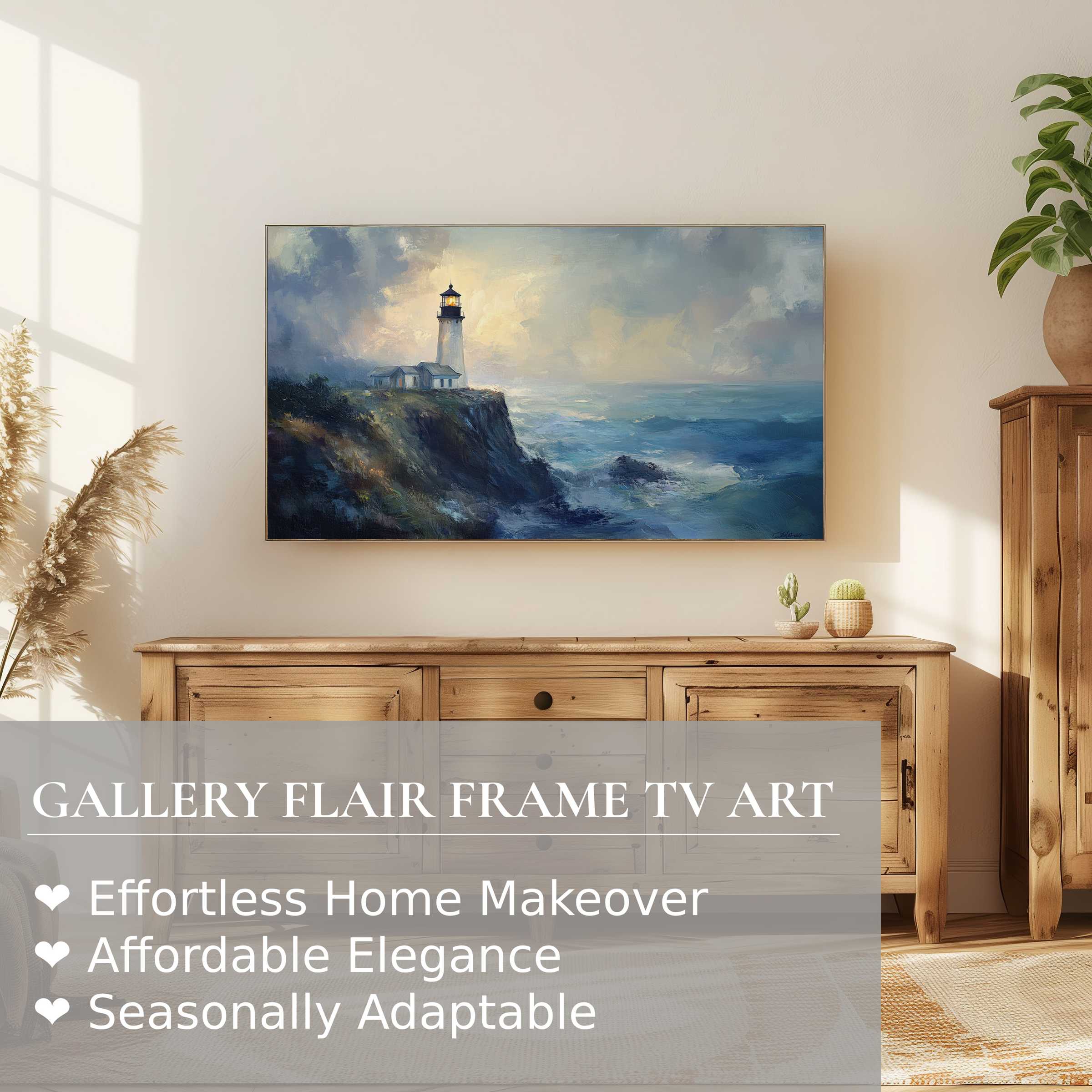 Samsung Frame TV displays a serene beach digital artwork of a lighthouse, blending modern elegance with coastal charm