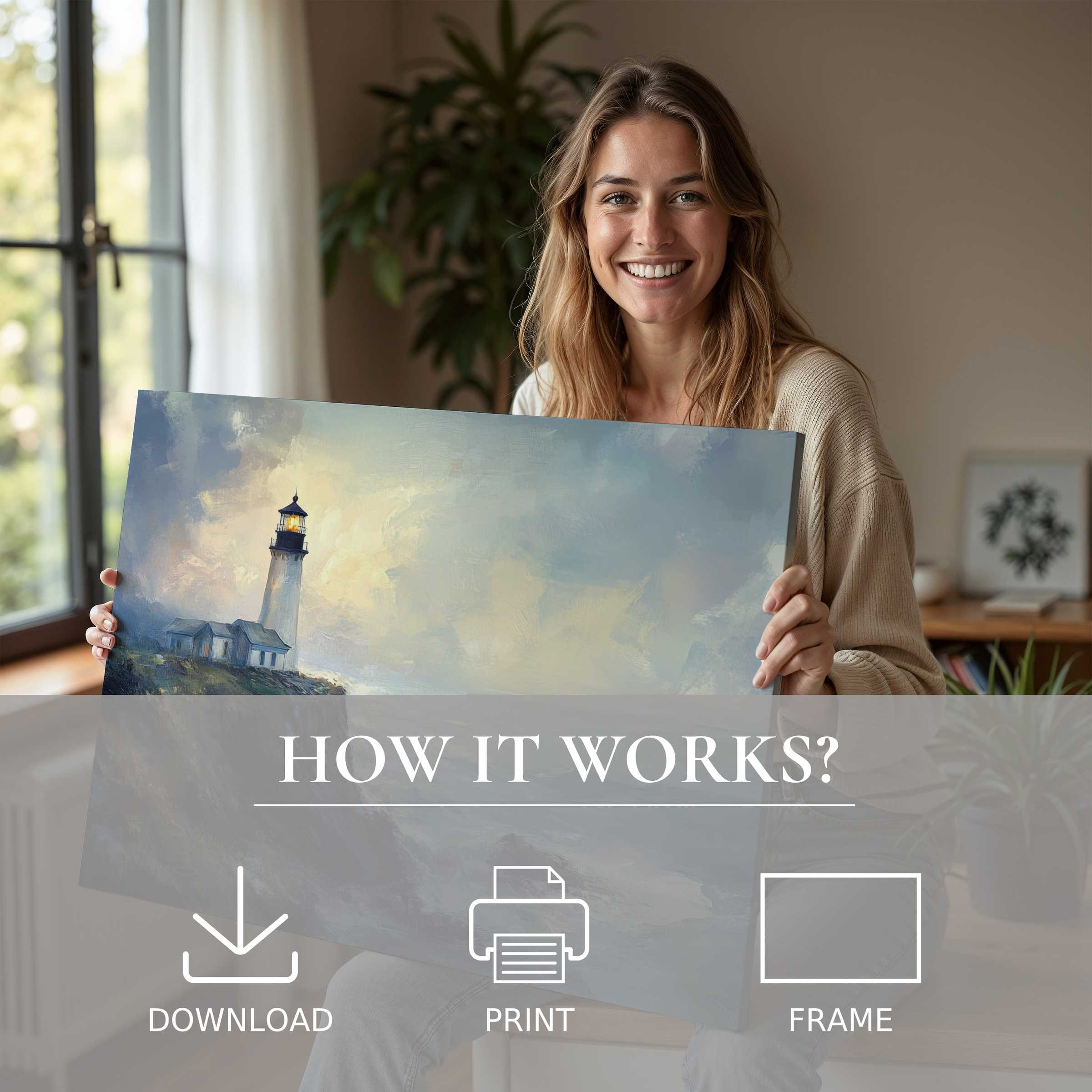 Woman in a modern home cherishes a beach digital art print of a luminous lighthouse, evoking calm and joy
