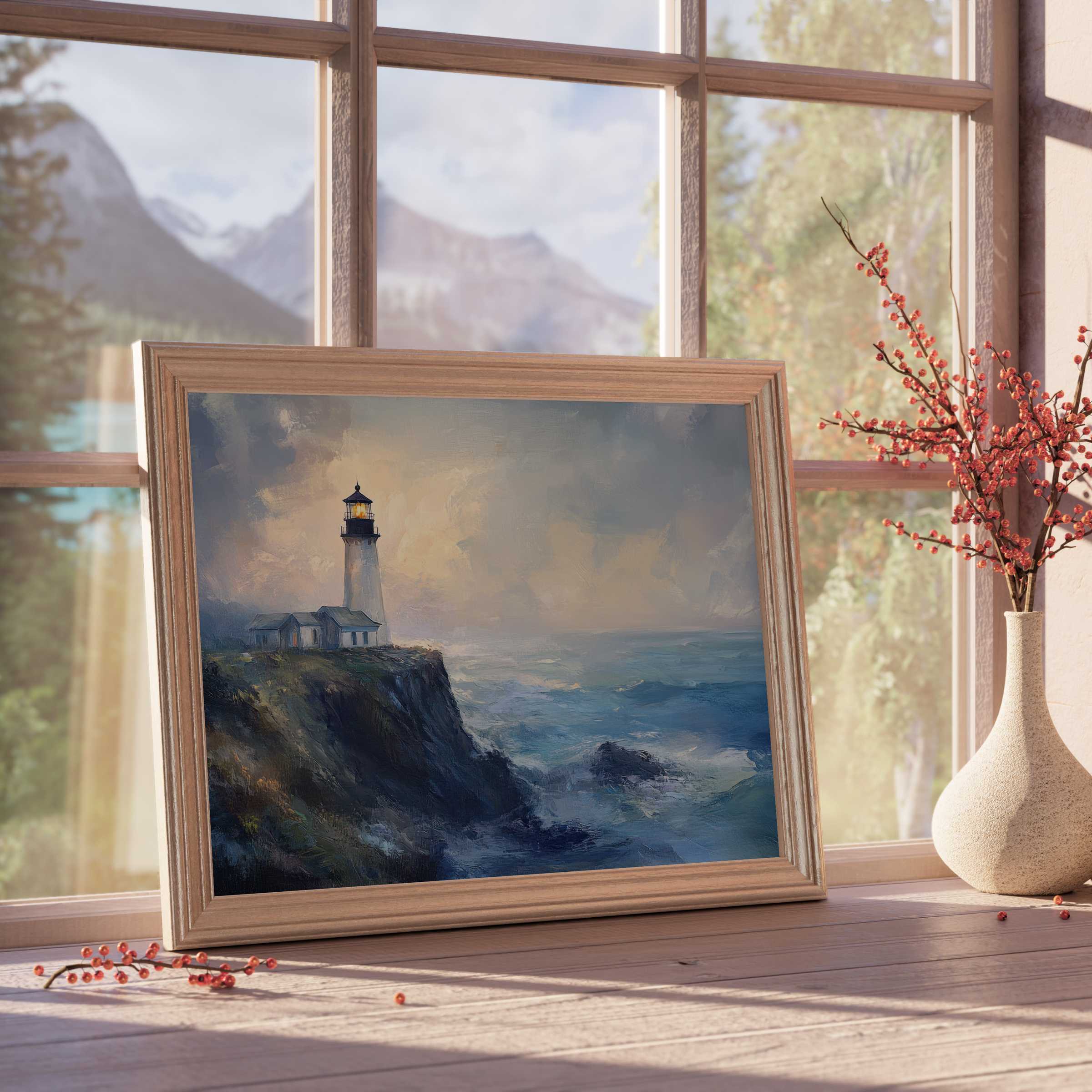Tranquil beach downloadable art of a luminous lighthouse on rugged cliffs, enhancing serene, curated coastal interiors