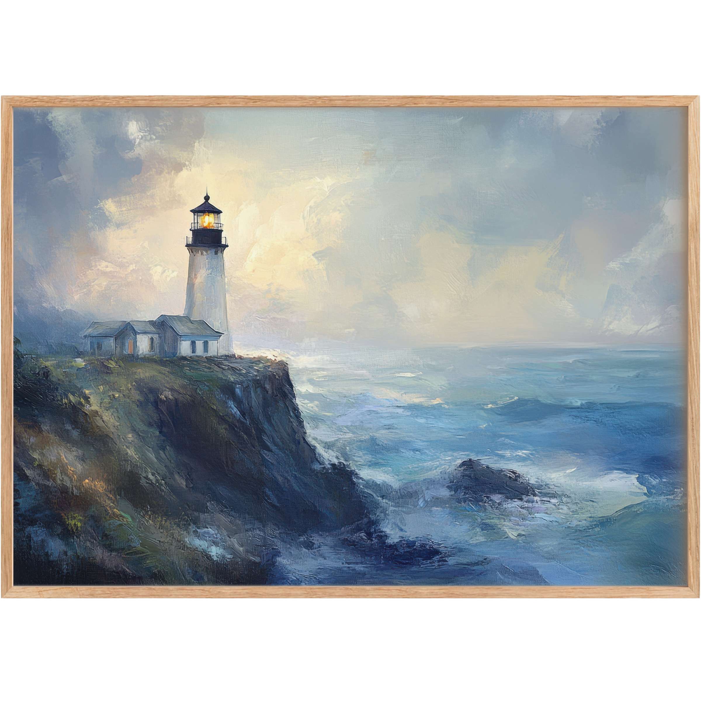 Serene beach printable wall art featuring a luminous lighthouse on rugged cliffs, with tranquil blues and soft light evoking calm and hope