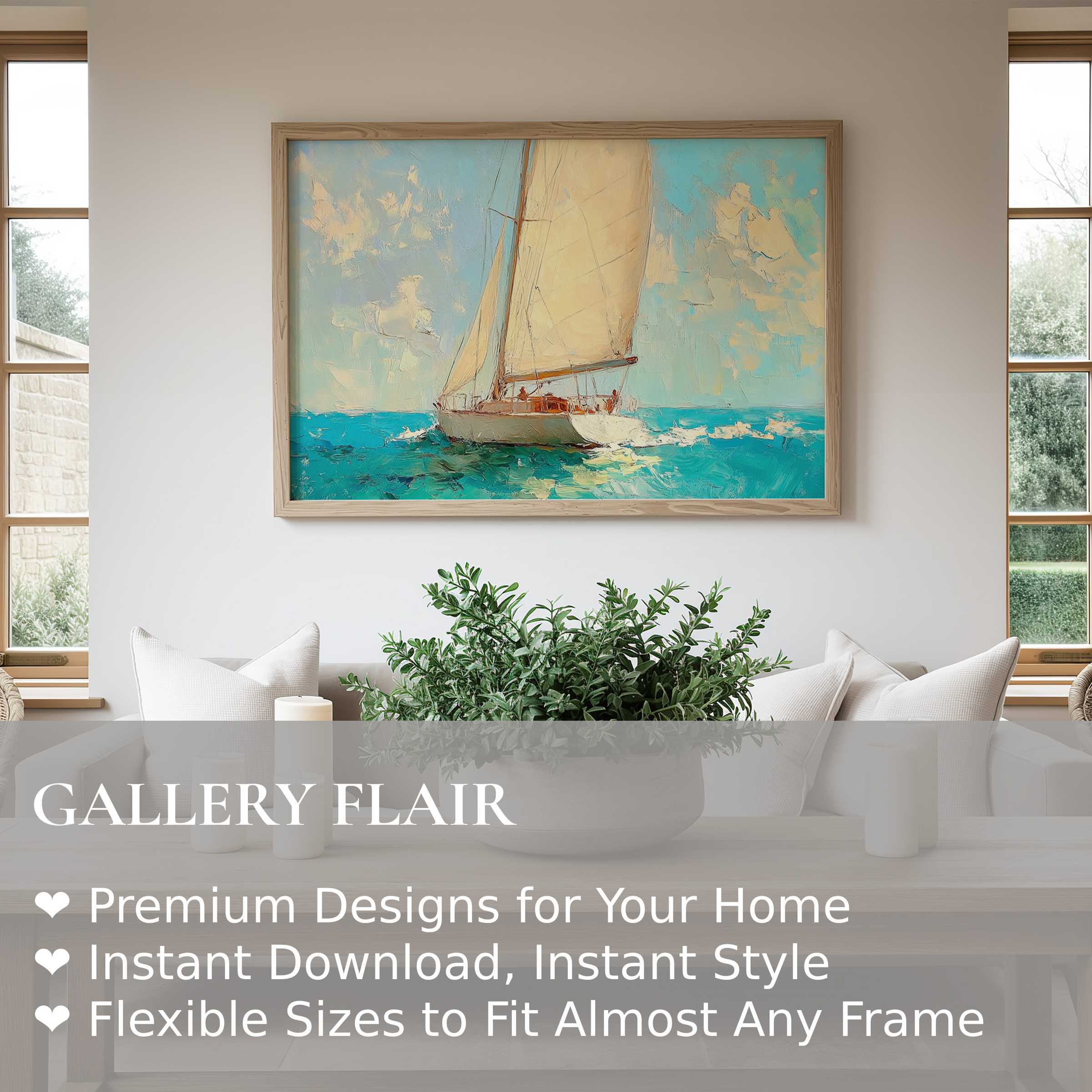 Radiant summer wall art print featuring a serene sailboat scene in soft blues and creams, enhancing modern coastal interiors with calming elegance