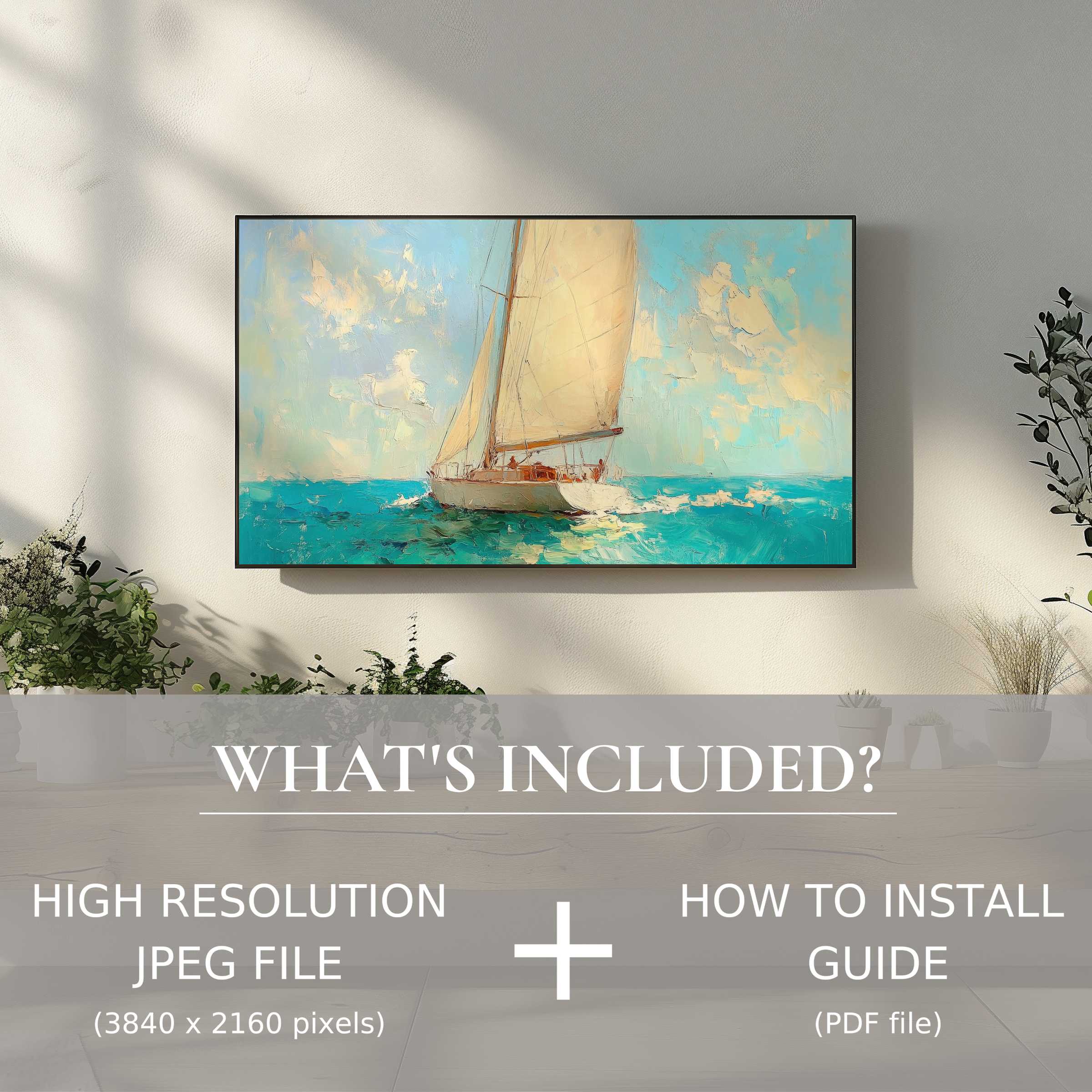 Elegant summer digital TV art download featuring a sailboat, enhancing living spaces with effortless digital charm