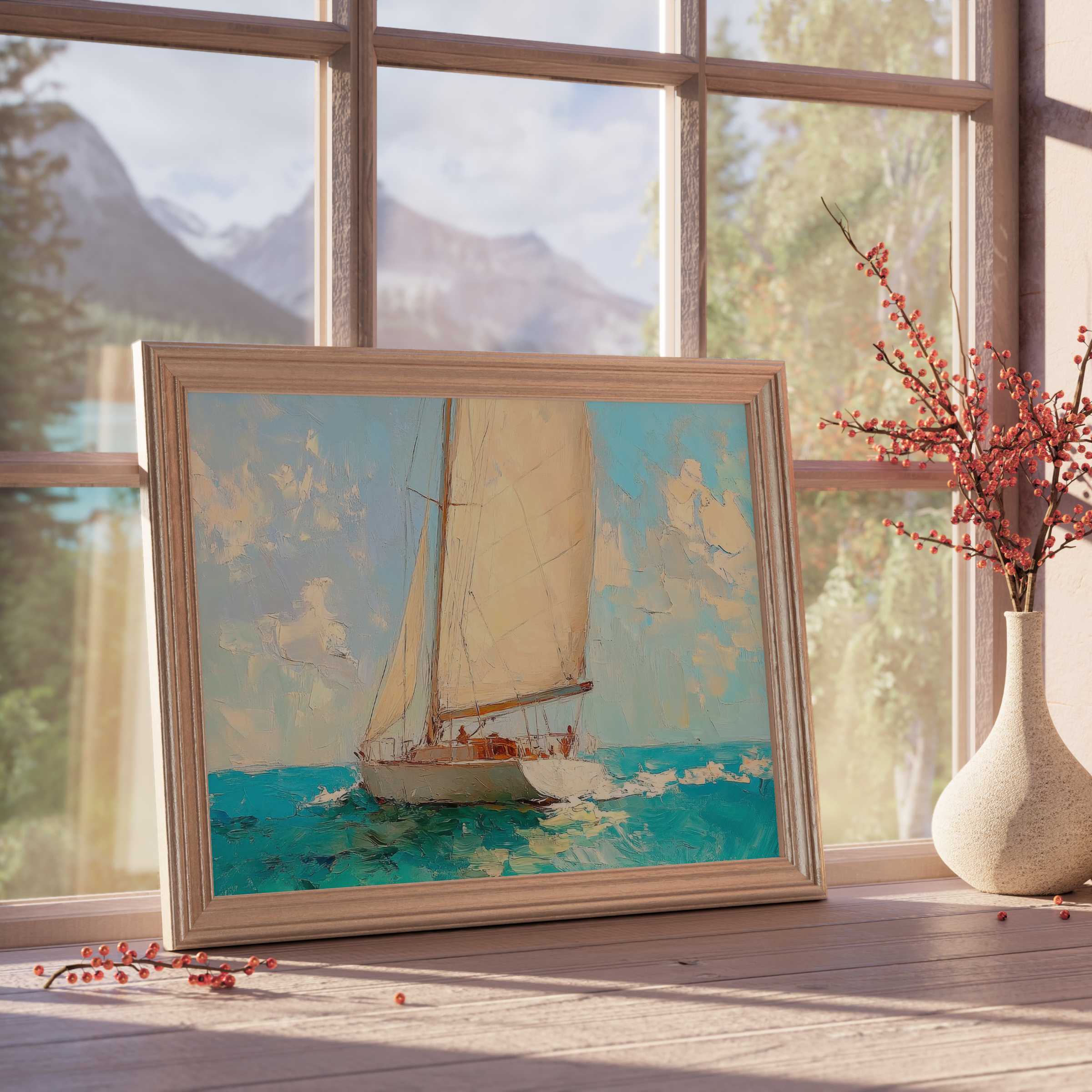 Summer downloadable art capturing sunlit sailing serenity, elevating curated interiors with vibrant coastal elegance and tranquil design flair