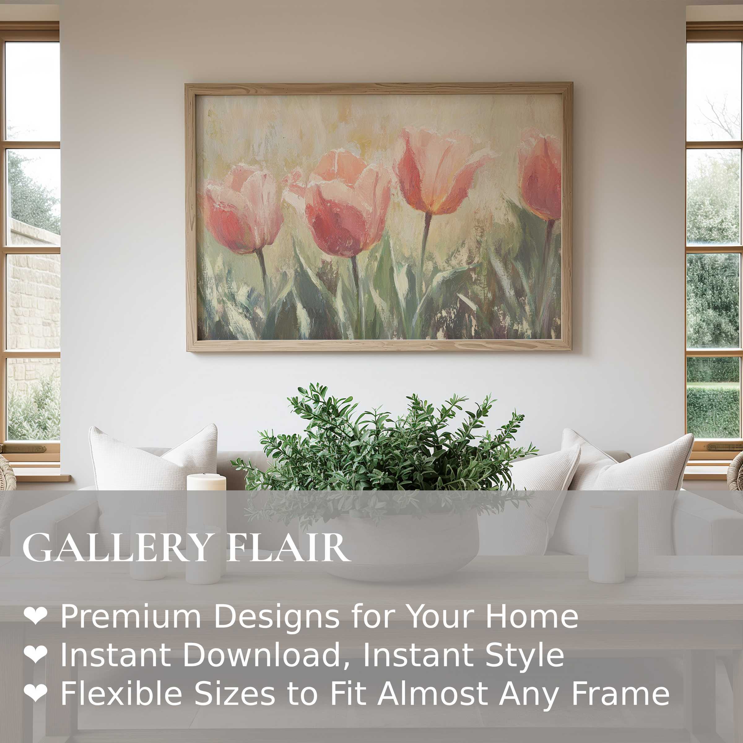 Spring wall art print featuring soft pink tulips in a radiant, impressionistic style, enhancing modern minimalist living spaces with calming floral elegance