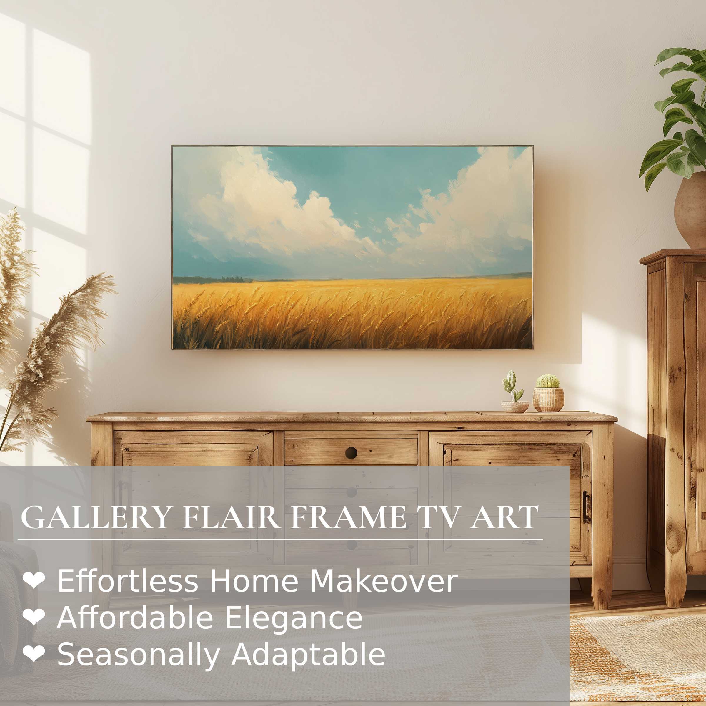 Samsung Frame TV displaying warm landscape digital artwork in a serene, sunlit room with refined natural decor