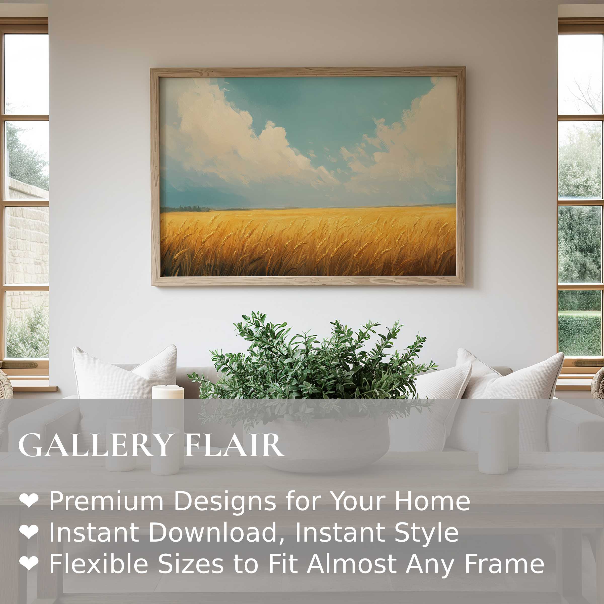 Golden wheat field landscape wall art print with soft clouds, enhancing modern minimalist interiors with radiant warmth and calm