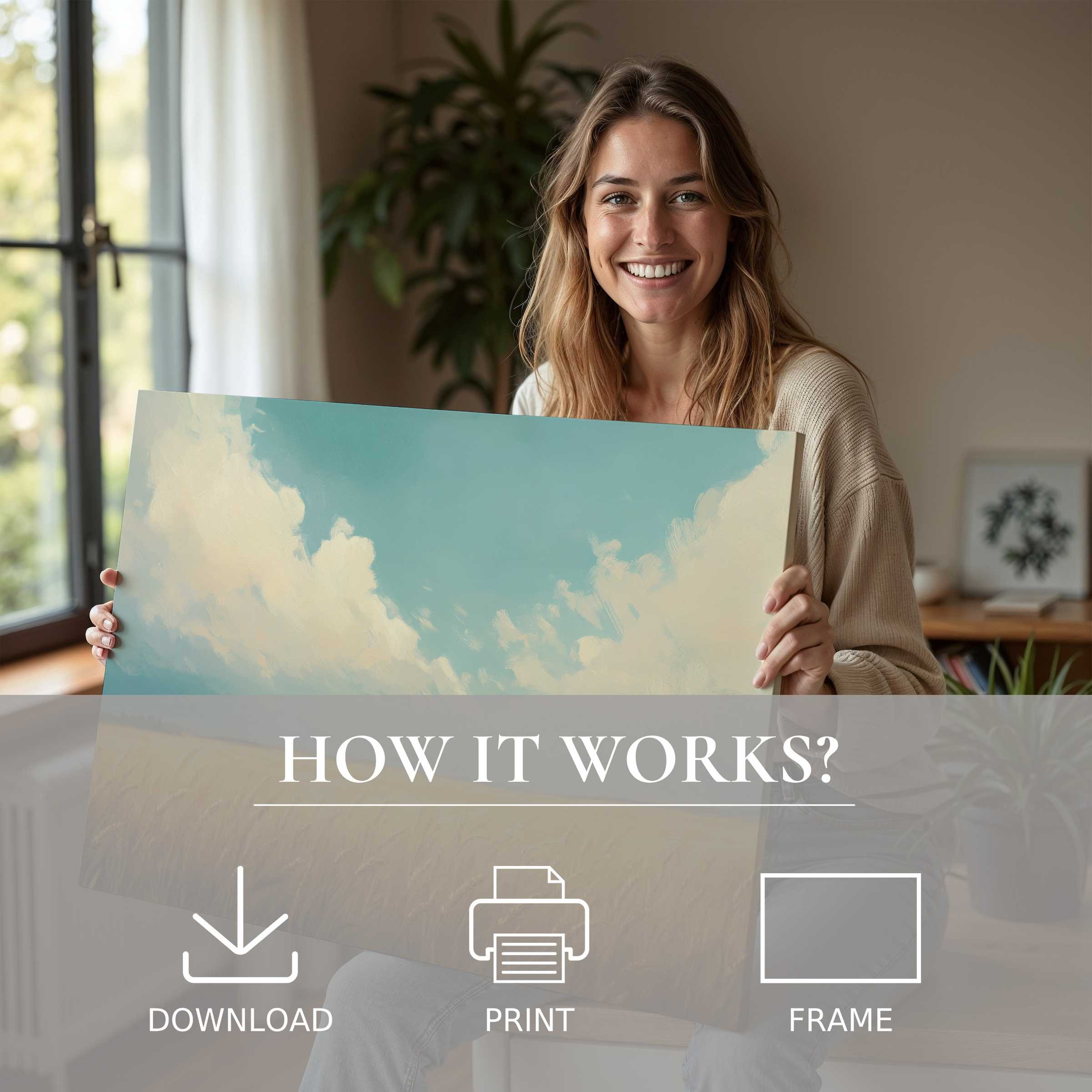 Refined landscape digital art print radiates calm joy, seamlessly elevating modern homes with serene skies and effortless elegance