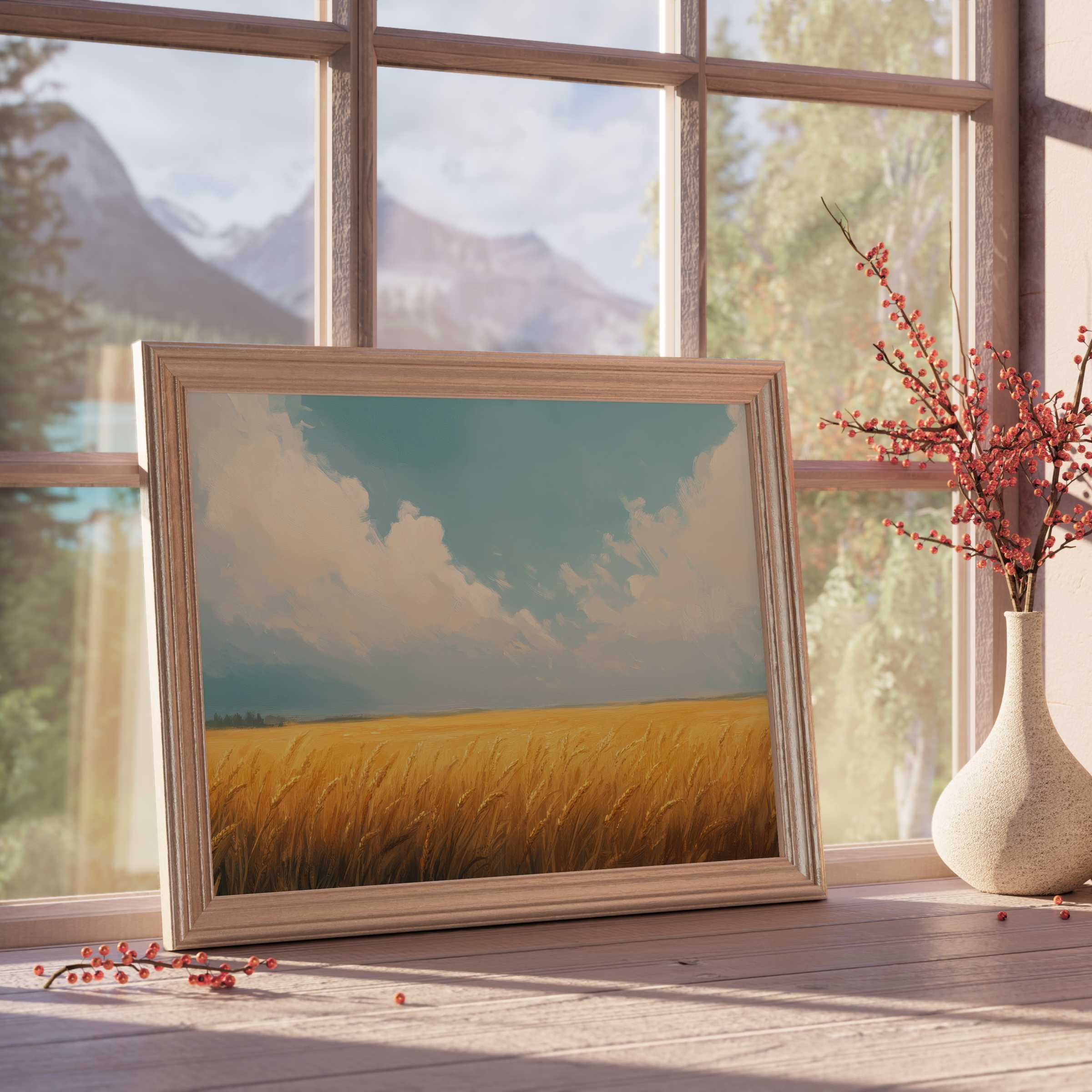 Golden wheat fields glow under serene skies, a landscape downloadable art masterpiece enhancing tranquil, design-forward interiors