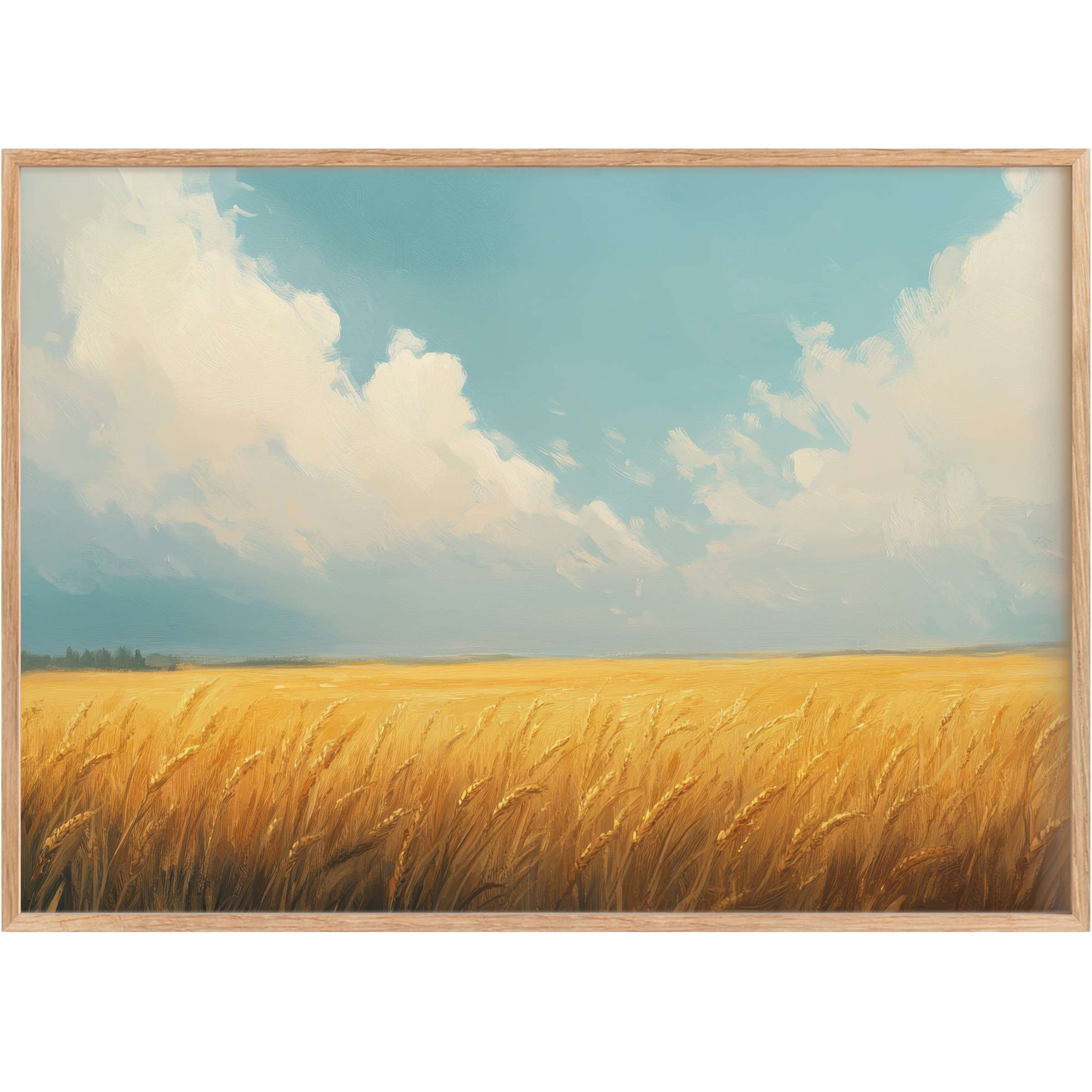 Golden wheat fields glow beneath serene blue skies, a landscape printable wall art that radiates warmth and tranquil elegance