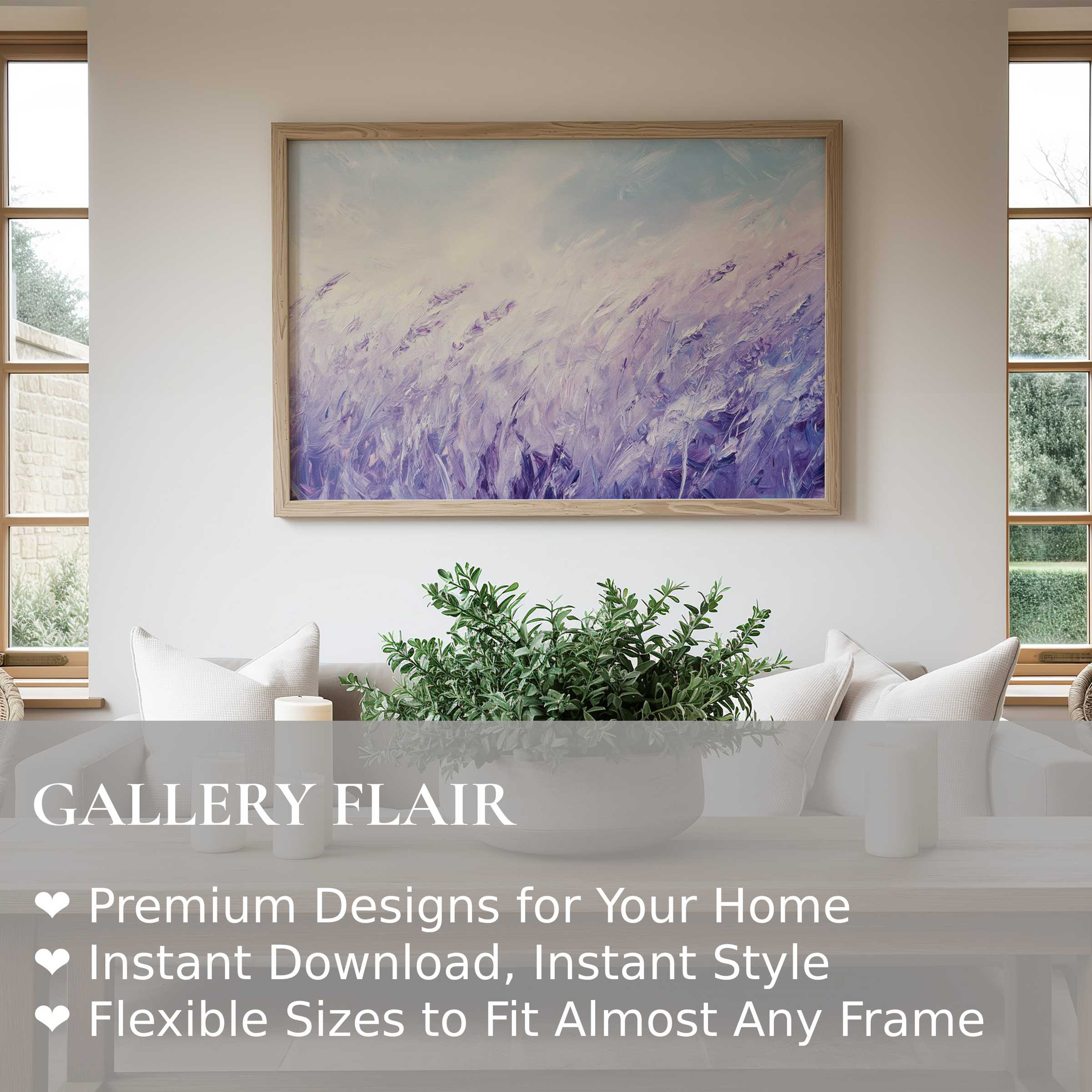 Vintage wall art print featuring a radiant lavender field in soft purples, enhancing modern minimalist interiors with serene elegance