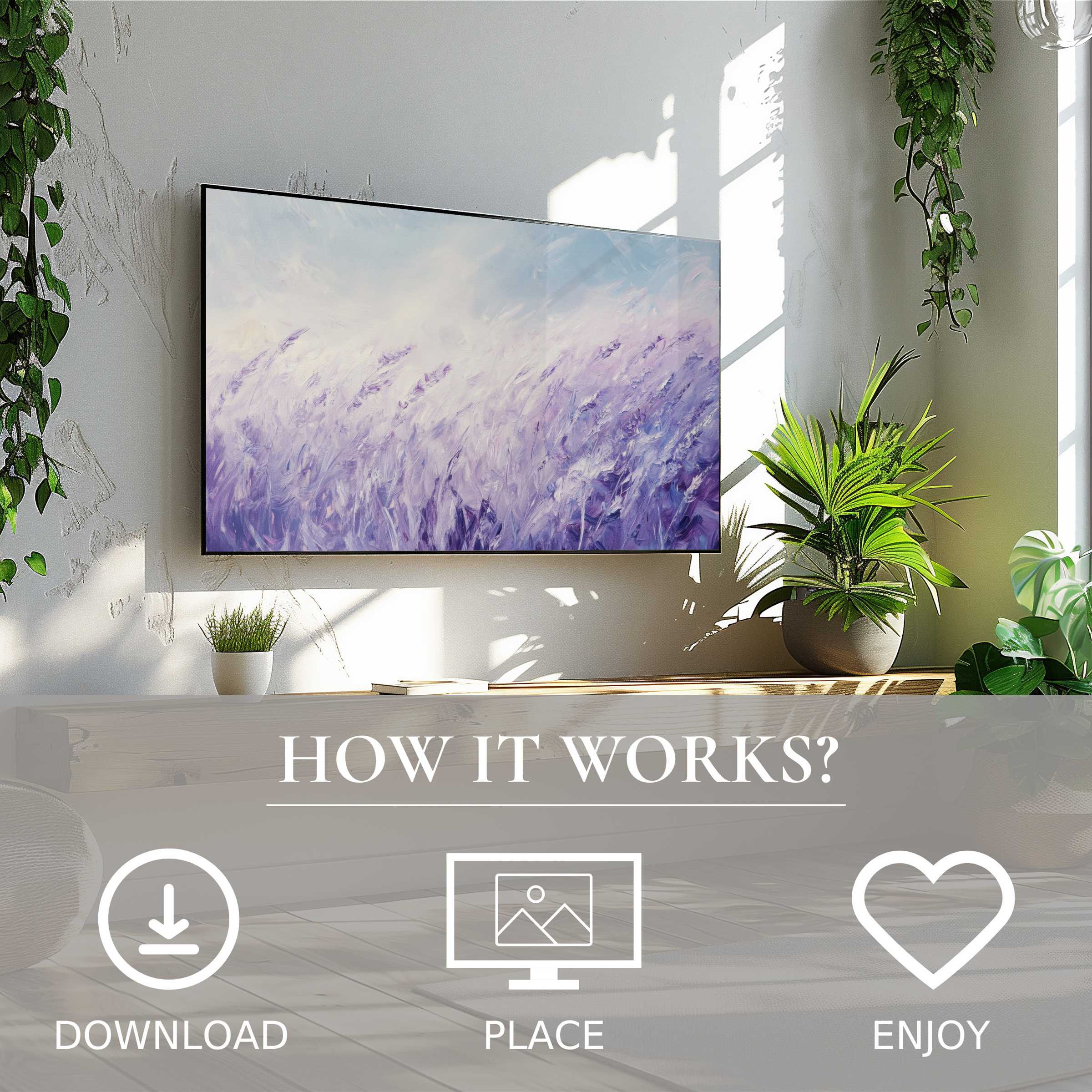 Vintage art for Samsung TV showing soft lavender hues, easy digital download enriching modern living spaces with calming color flow
