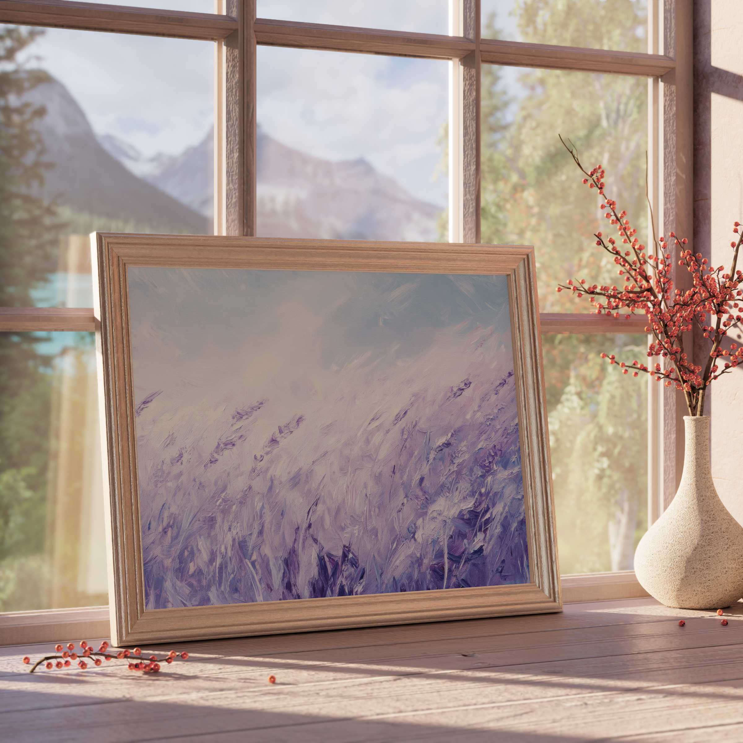 Vintage downloadable art of serene lavender fields captured in soft pastels, elevating curated, tranquil interiors with timeless elegance