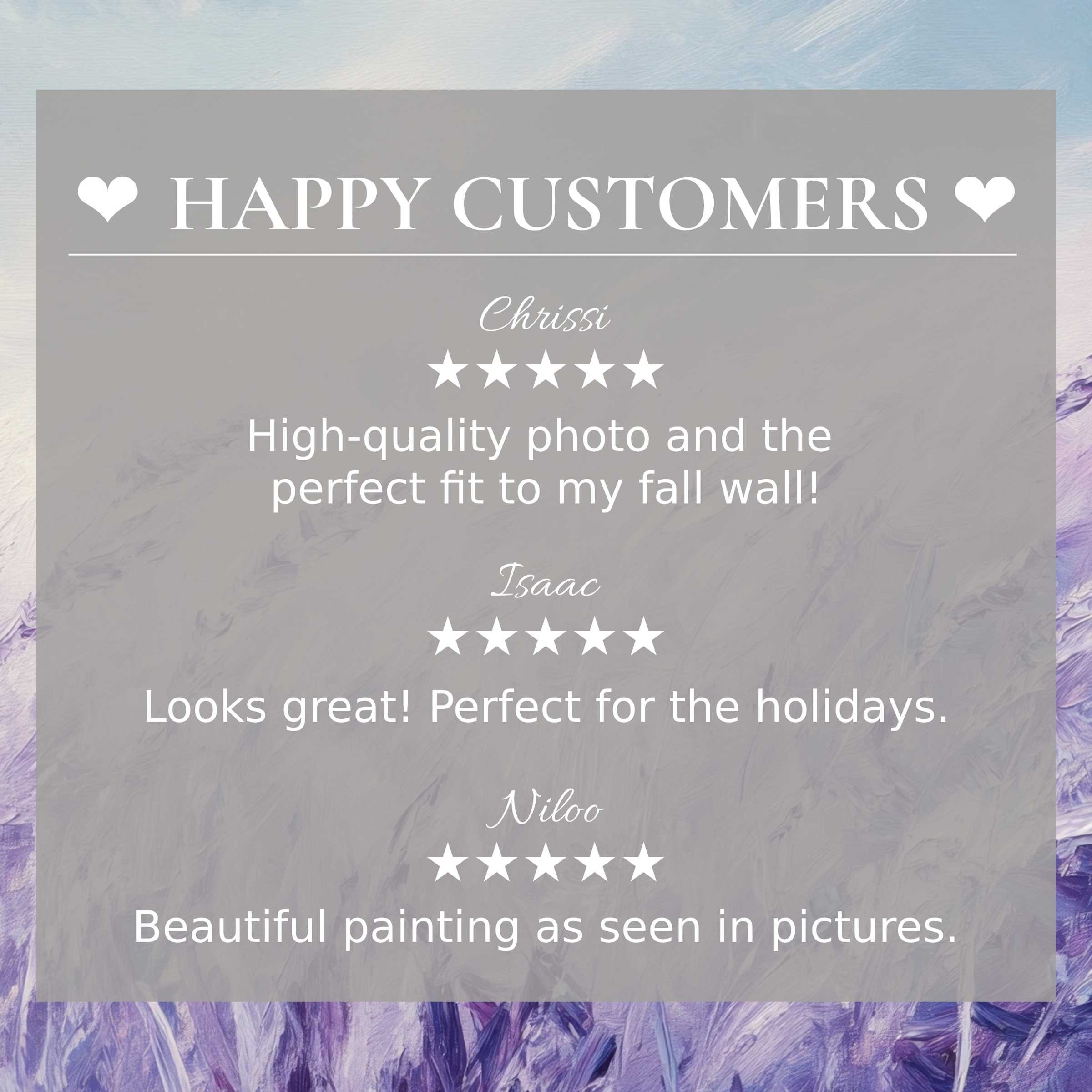 Happy customer reviews highlight vintage art for Frame TV with elegant purple abstract background, building trust