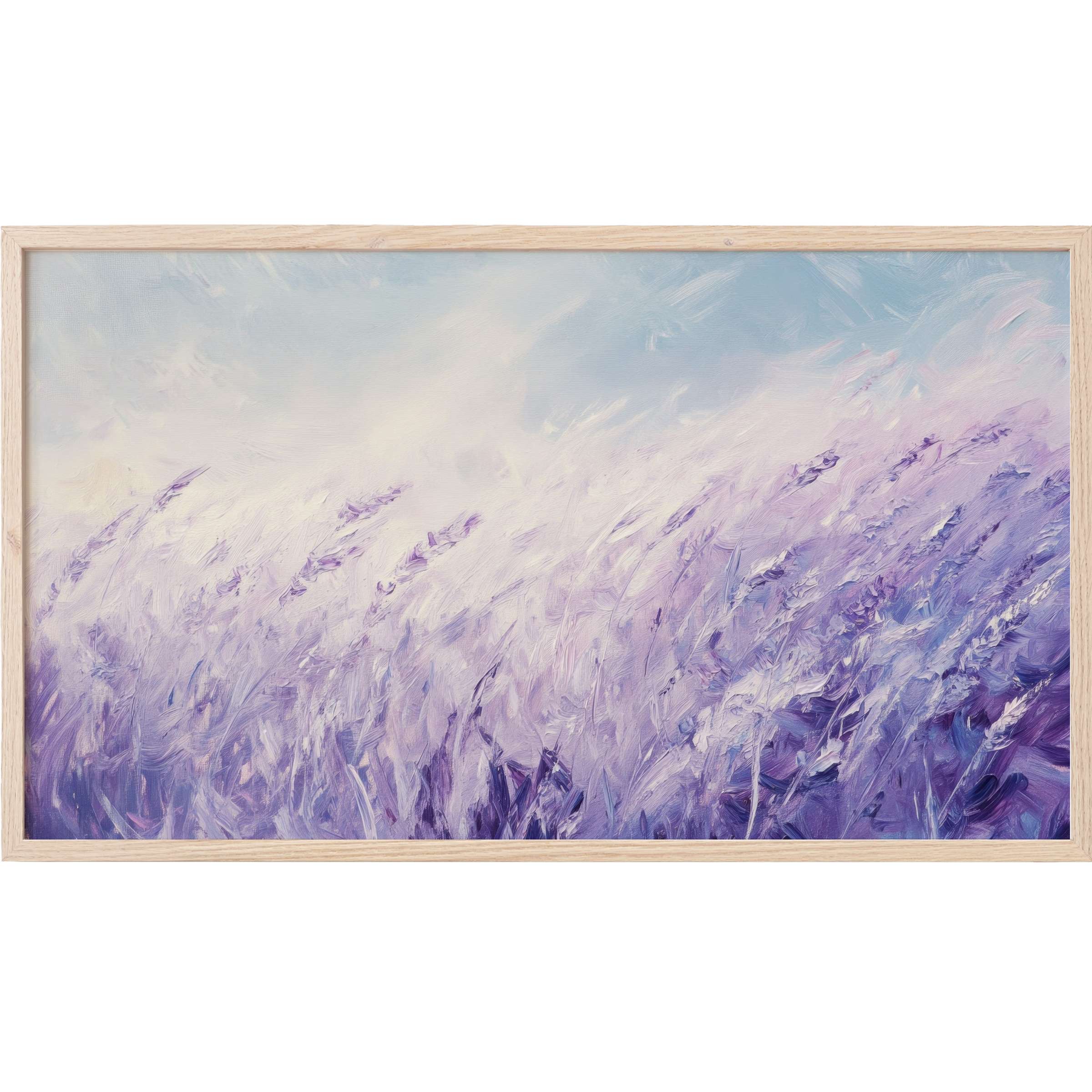 Soft lavender and sky blue brushstrokes evoke a dreamy field in this elegant vintage Frame TV Art