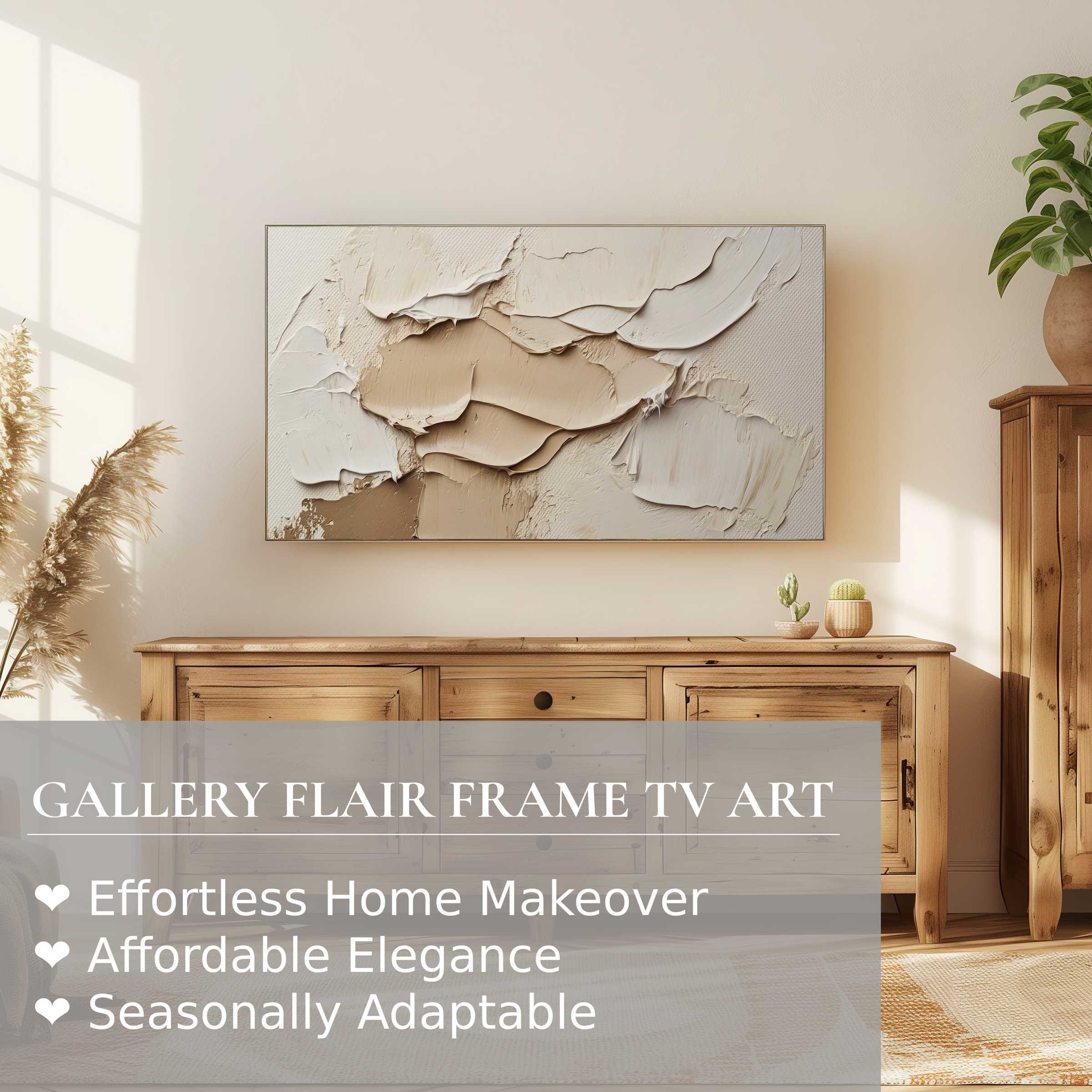 Samsung Frame TV showcases neutral digital artwork in a warm, natural room with elegant, modern decor and textures
