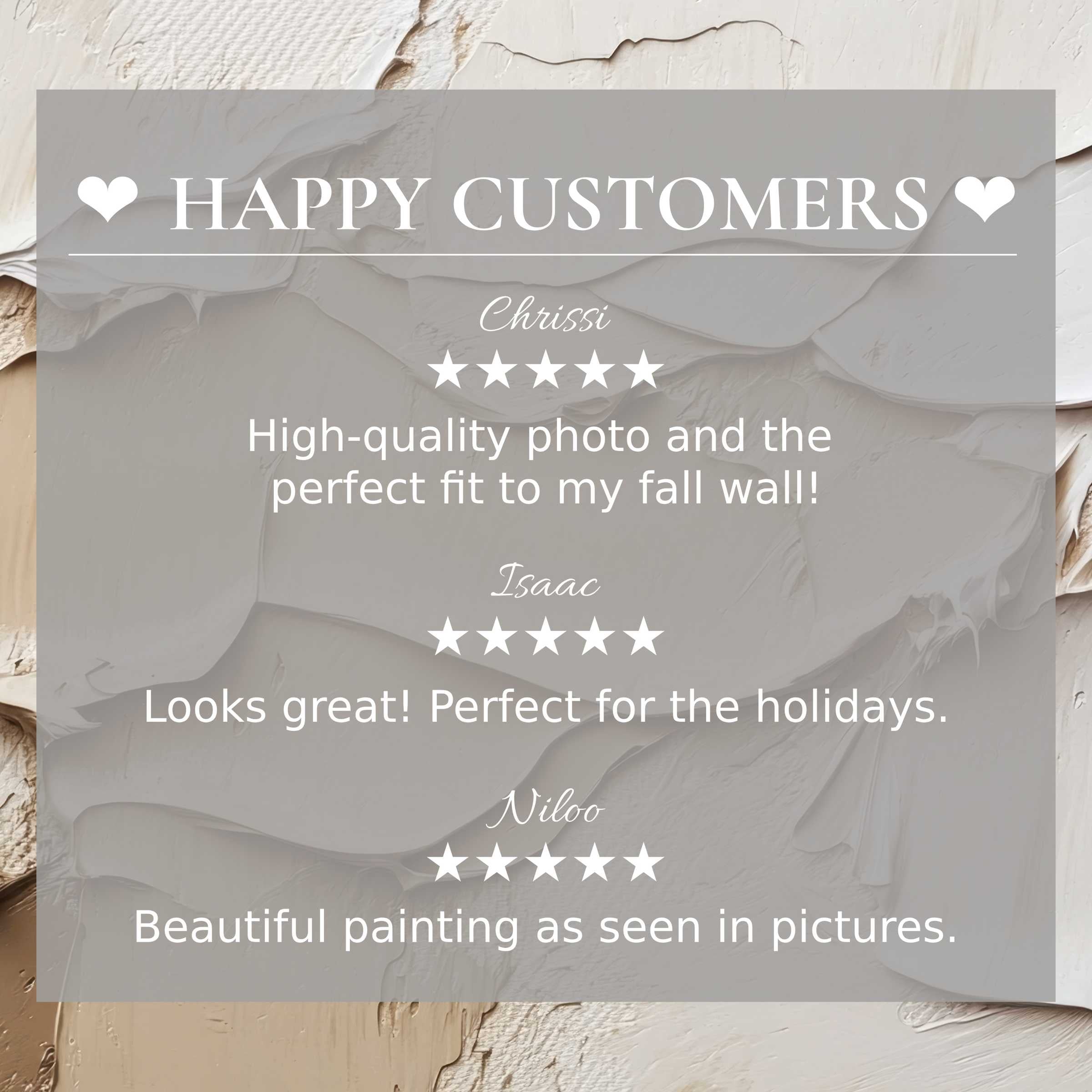 Neutral art for Frame TV with textured beige backdrop, showcasing happy customer reviews and refined stylish appeal