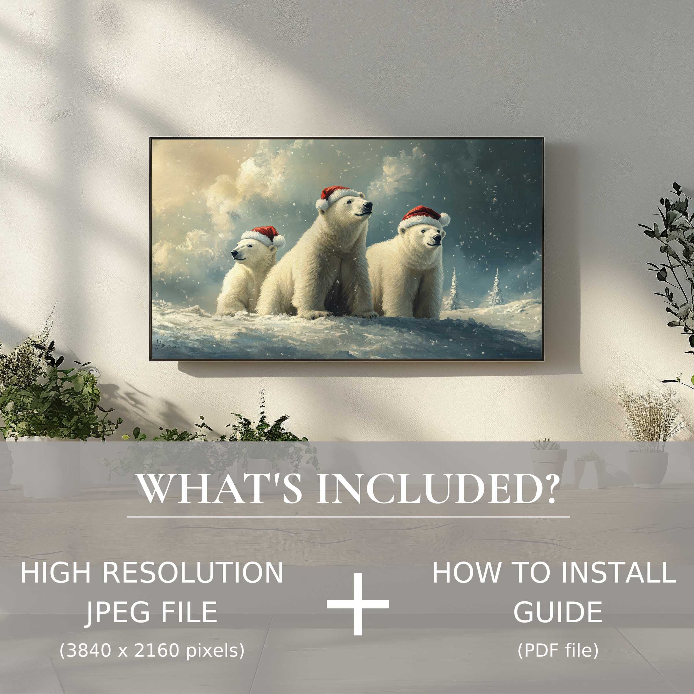 Elegant living room with christmas digital TV art download of polar bears in Santa hats, enhancing space with easy digital display