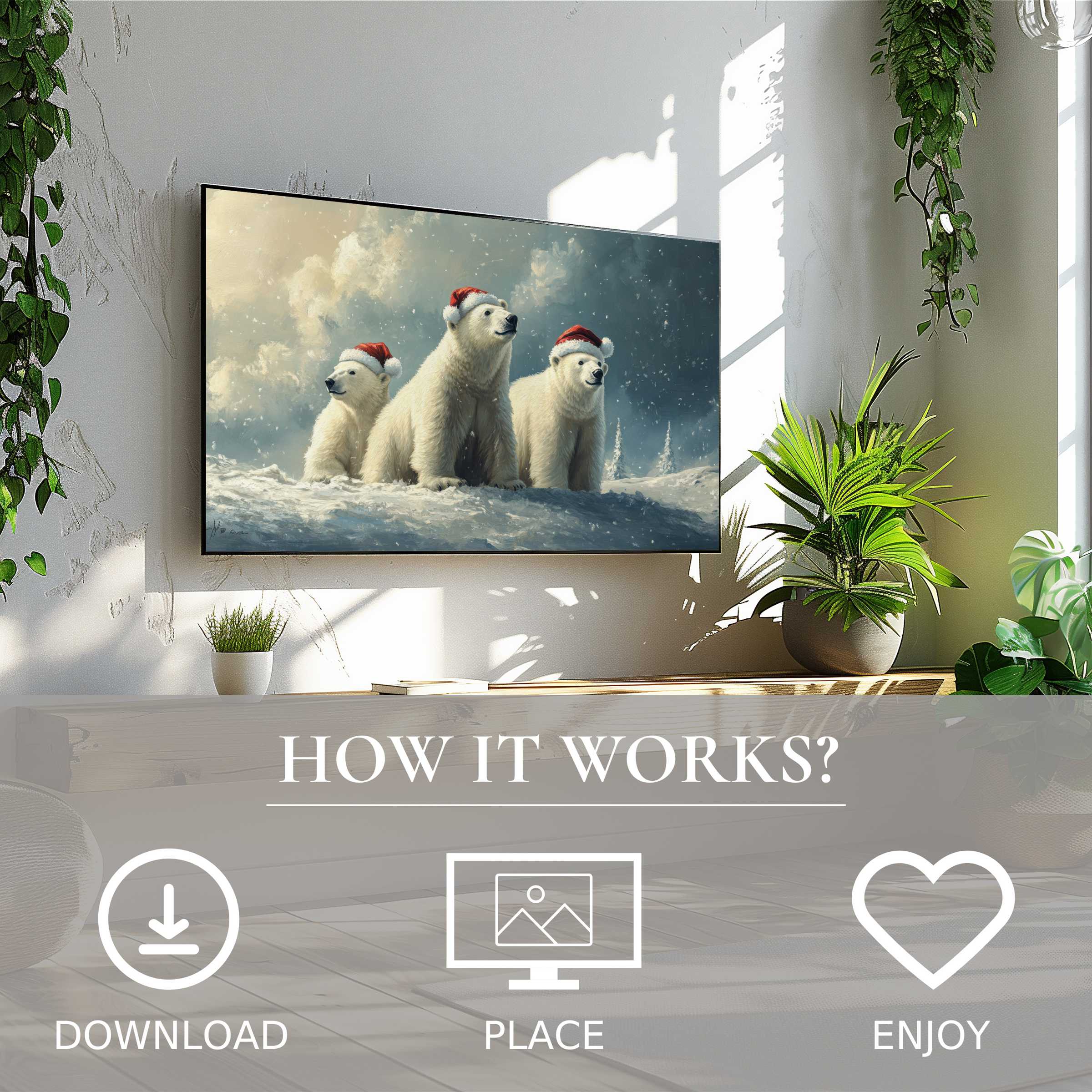 Modern living room with plants and christmas art for Samsung TV showing polar bears in soft snowy hues, easy digital download