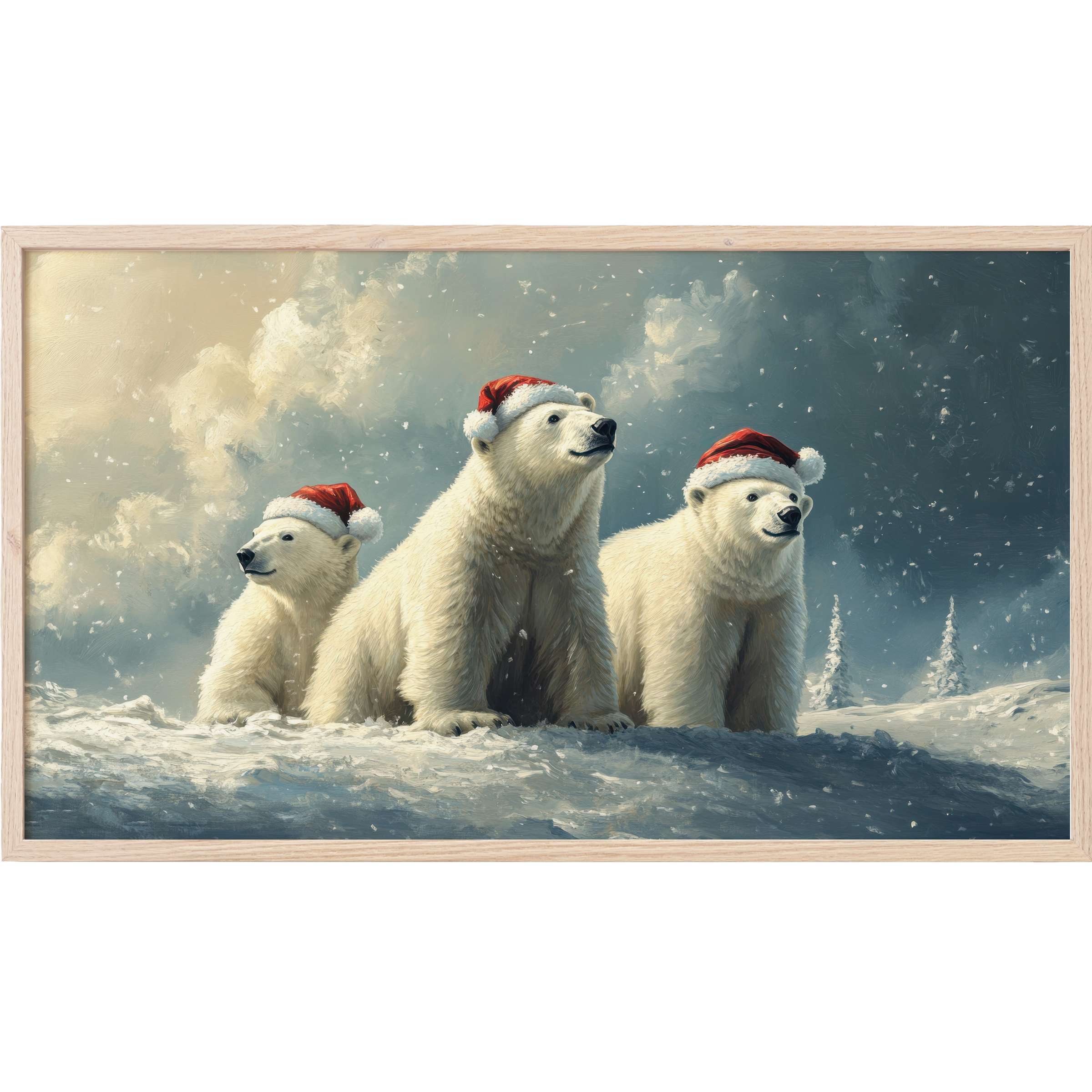 Three polar bears wearing red Santa hats in a snowy landscape with muted blues and creams, christmas Frame TV Art