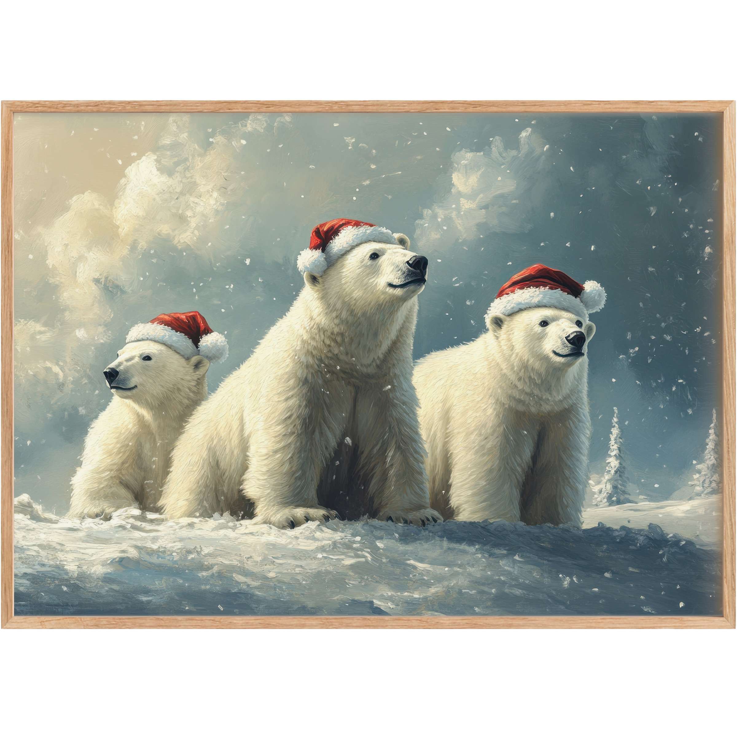 Christmas printable wall art featuring three majestic polar bears in festive red hats, evoking a serene snowy wonderland with soft blues and warm whites