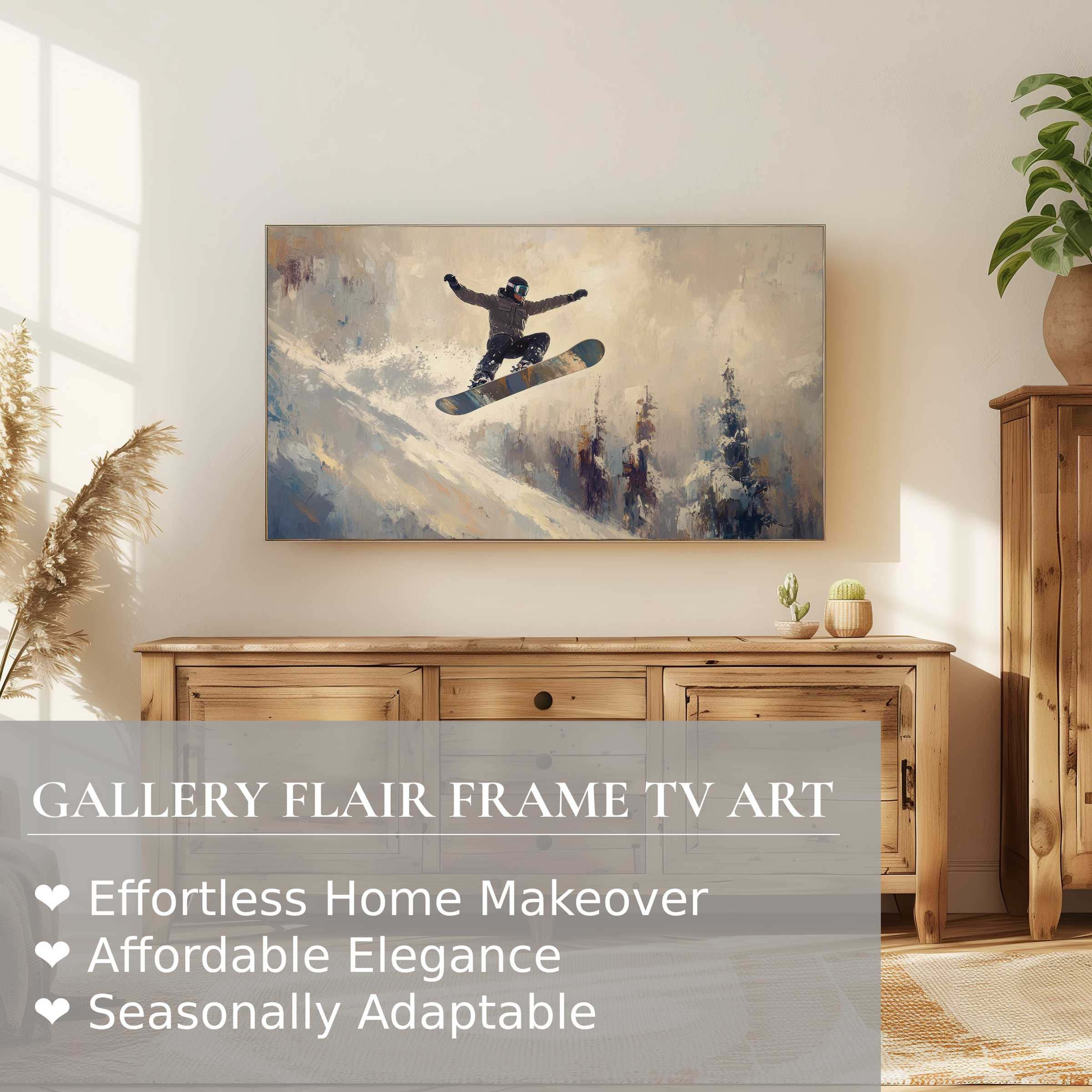 Samsung Frame TV displaying refined winter digital artwork of a snowboarder in a serene, modern setting