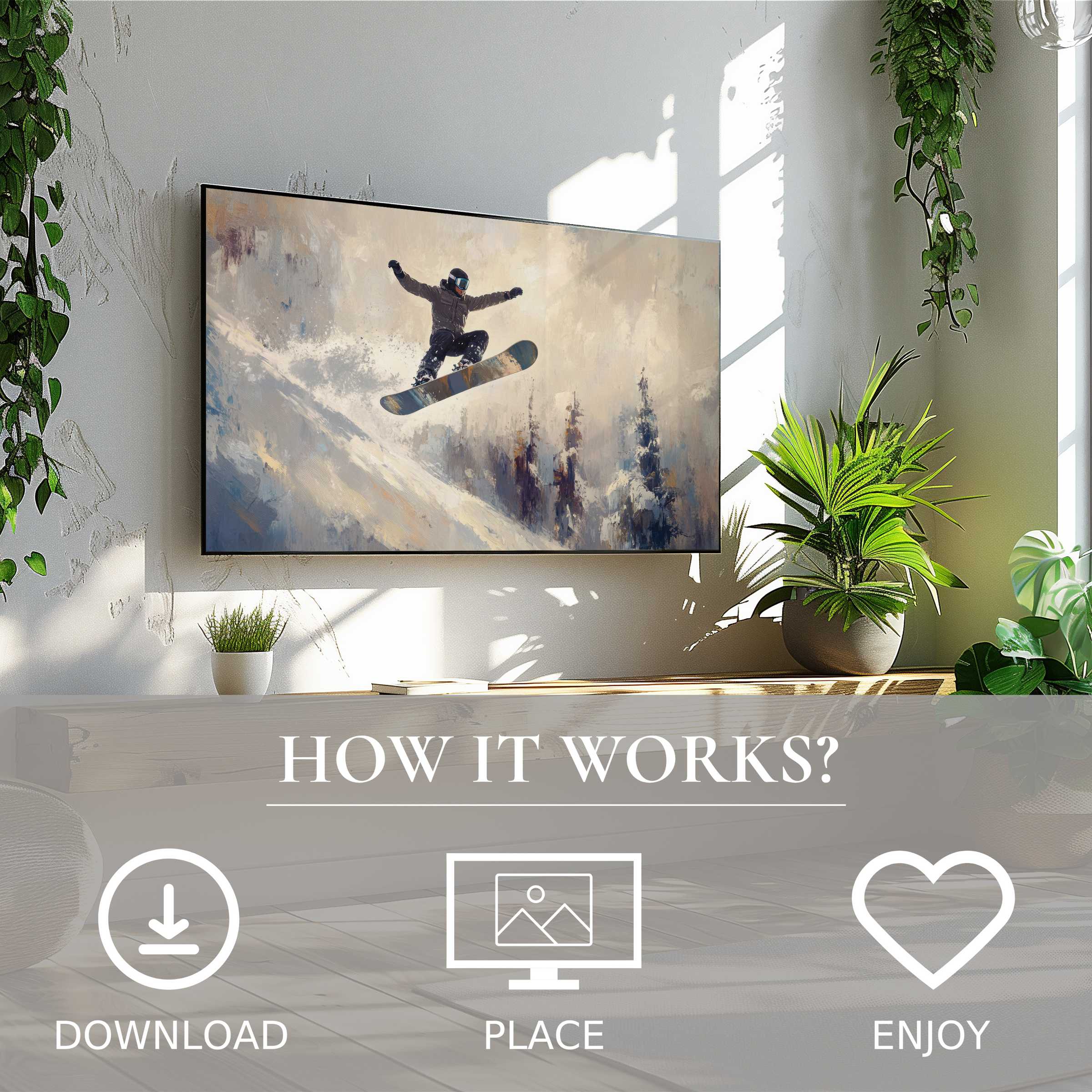 Winter art for Samsung TV shows a dynamic snowboarder in soft snow tones; easy digital download enriches modern spaces