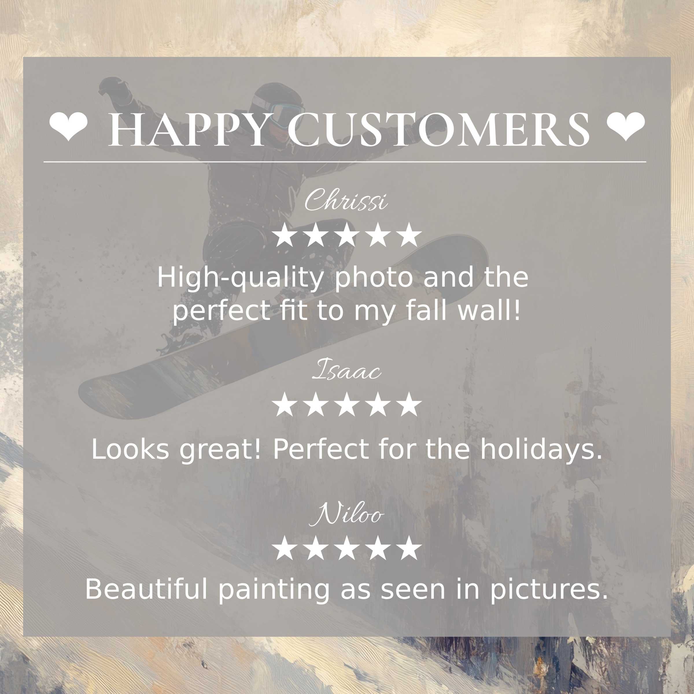 Winter art for Frame TV shows abstract sunset tones with a snowboarder; happy customer reviews enhance elegant trust