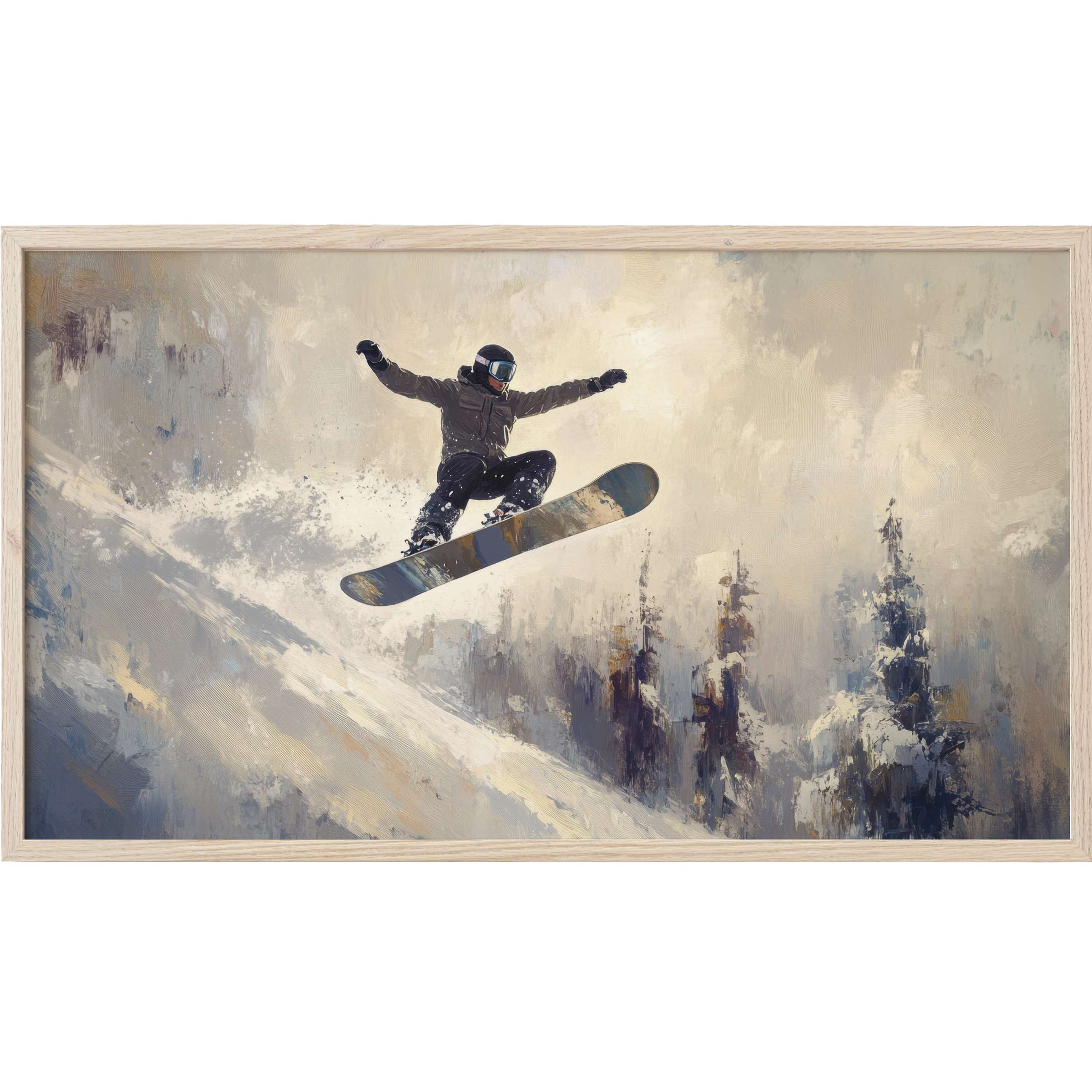 Modern winter Frame TV Art of a snowboarder mid-jump, in muted beige, gray, and soft blue tones with textured brushstrokes