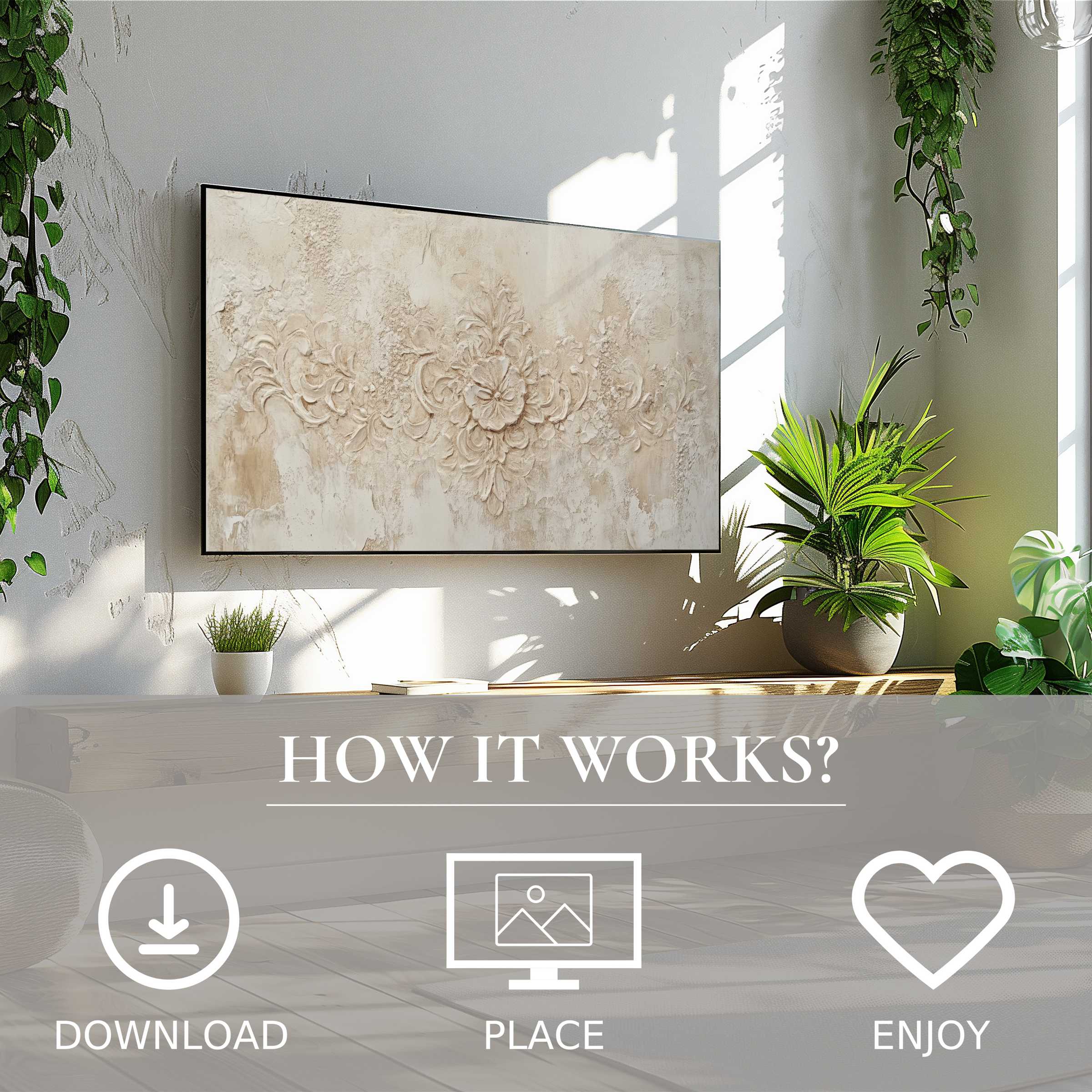 Boho art for Samsung TV with textured beige floral motif, easy digital download to enrich modern living spaces