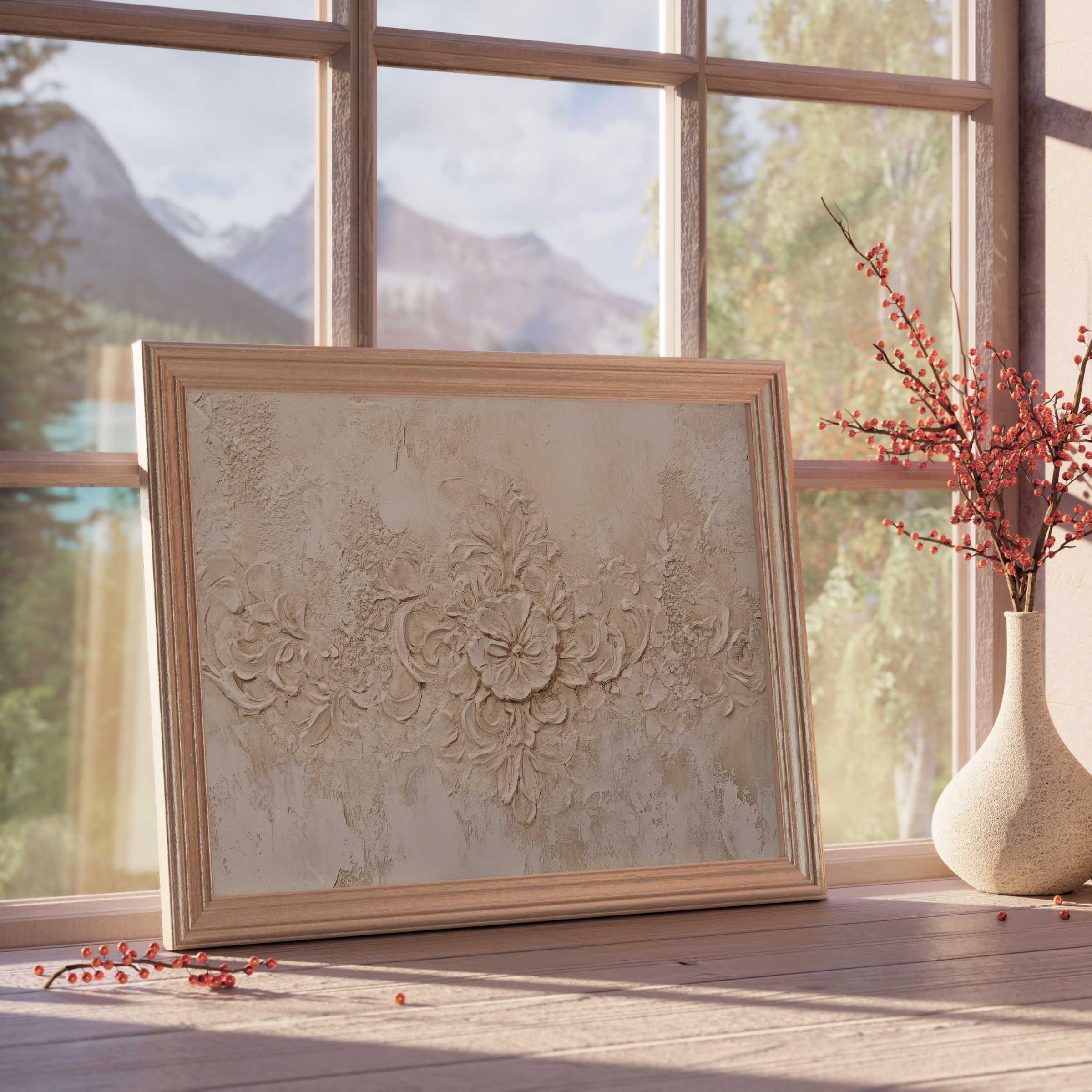 Boho downloadable art with textured floral relief, framed in natural wood, elevating tranquil, sunlit interiors