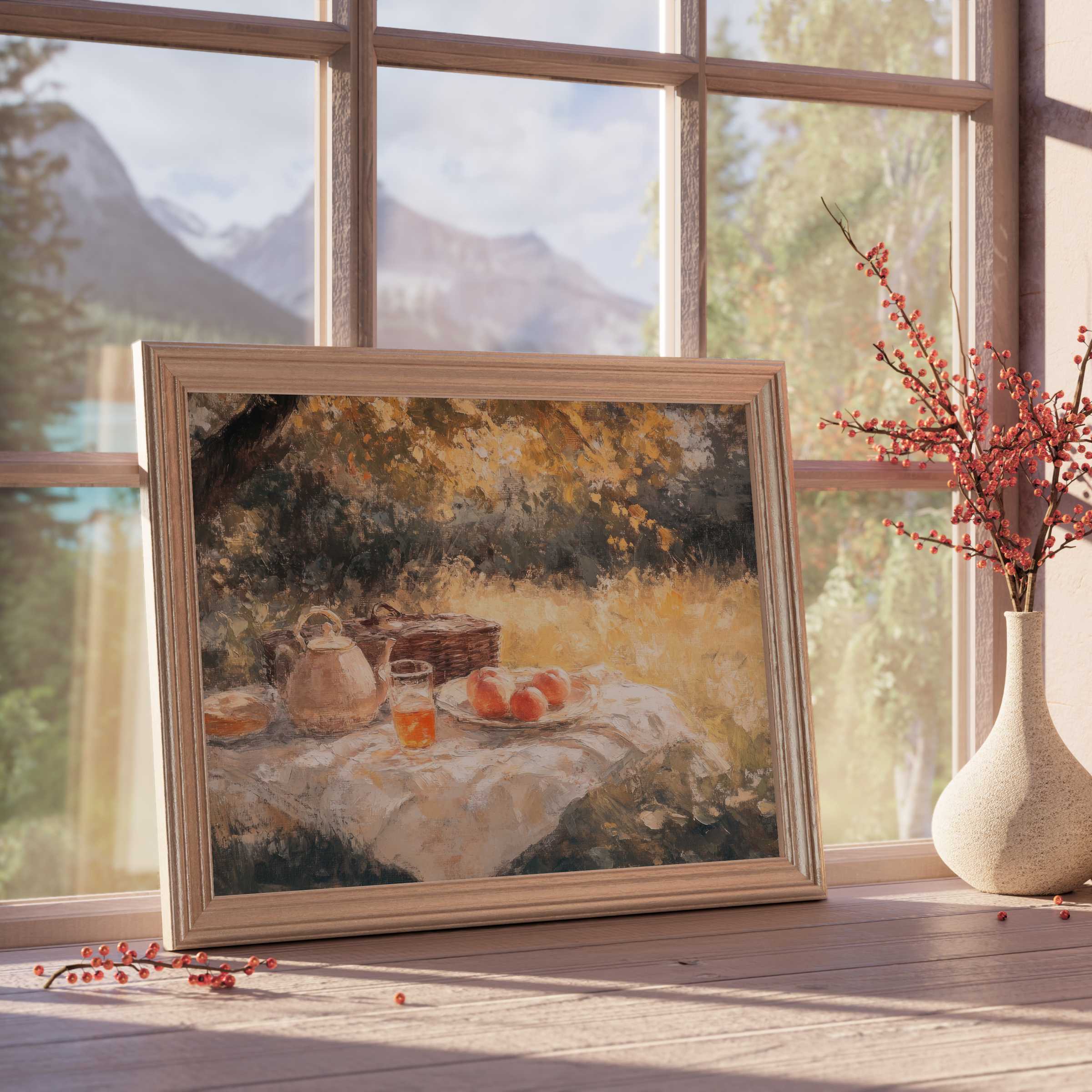 Fall downloadable art capturing a serene autumn picnic scene, infusing cozy warmth and rustic elegance into curated interiors
