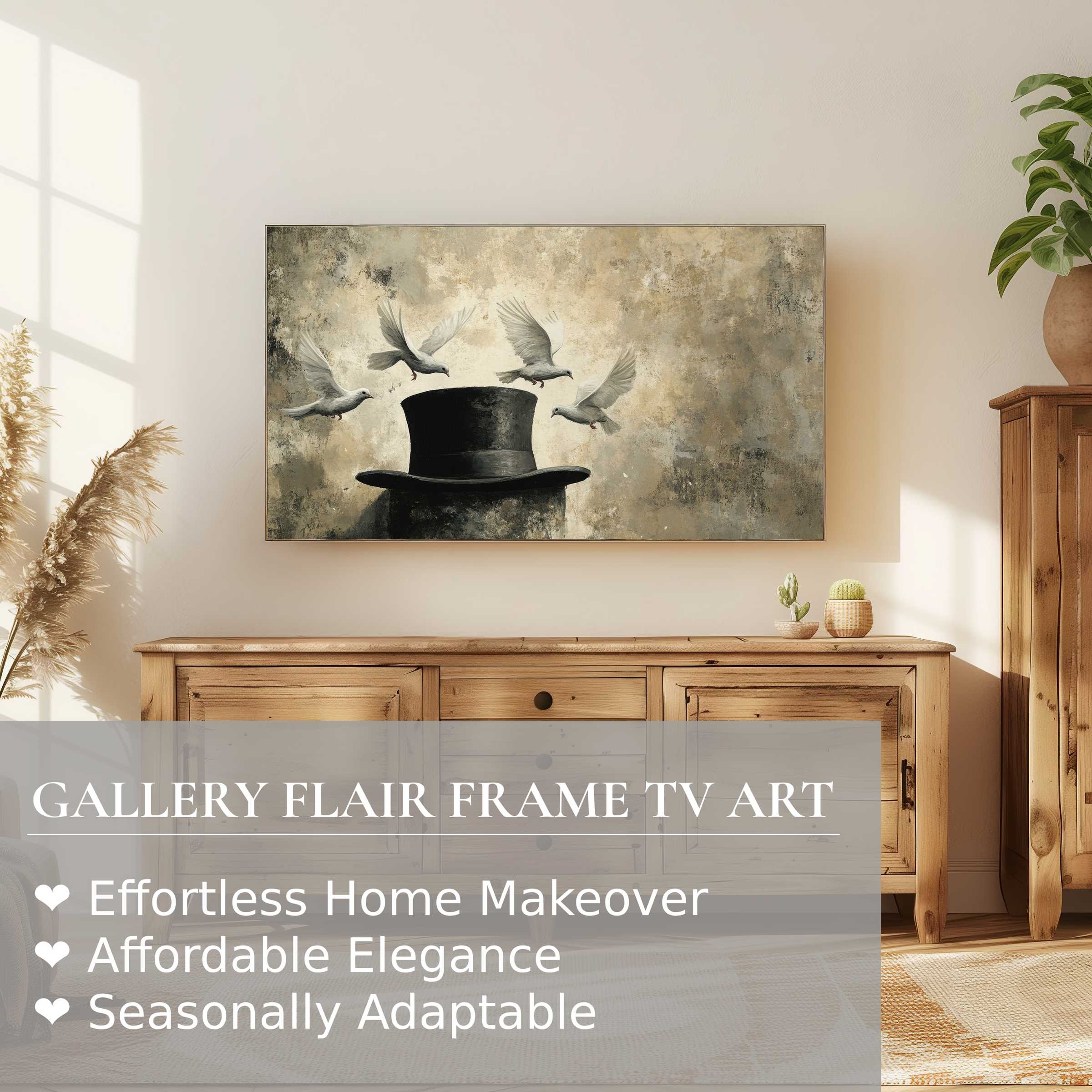 Modern rustic setting showcasing street art digital artwork of doves and hat on Samsung Frame TV