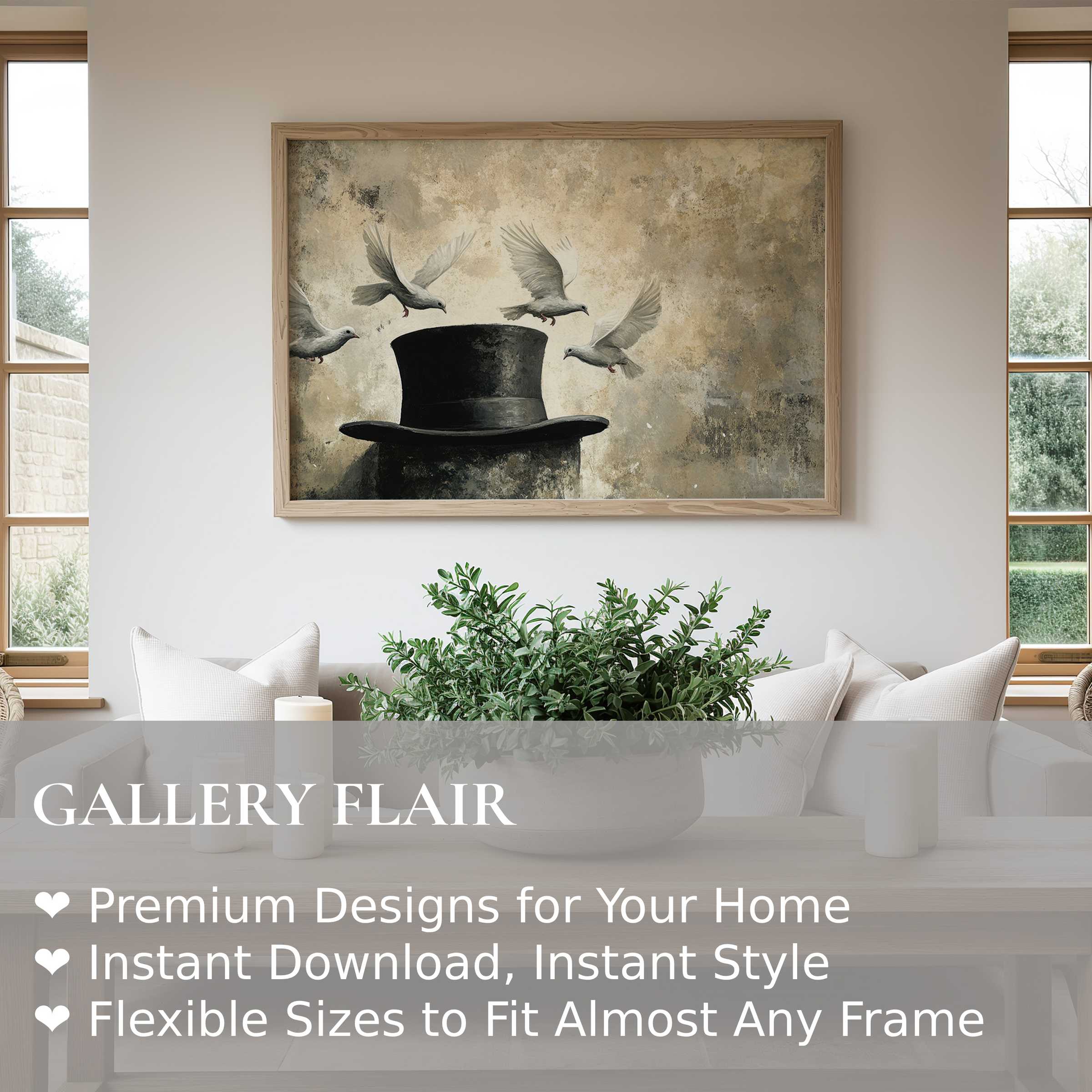 Elegant street art wall art print featuring doves above a vintage top hat, creating a serene, timeless aesthetic Enhances modern, minimalist interiors with a soft, atmospheric touch and urban sophistication Ideal for elevating contemporary living spaces with refined, statement decor