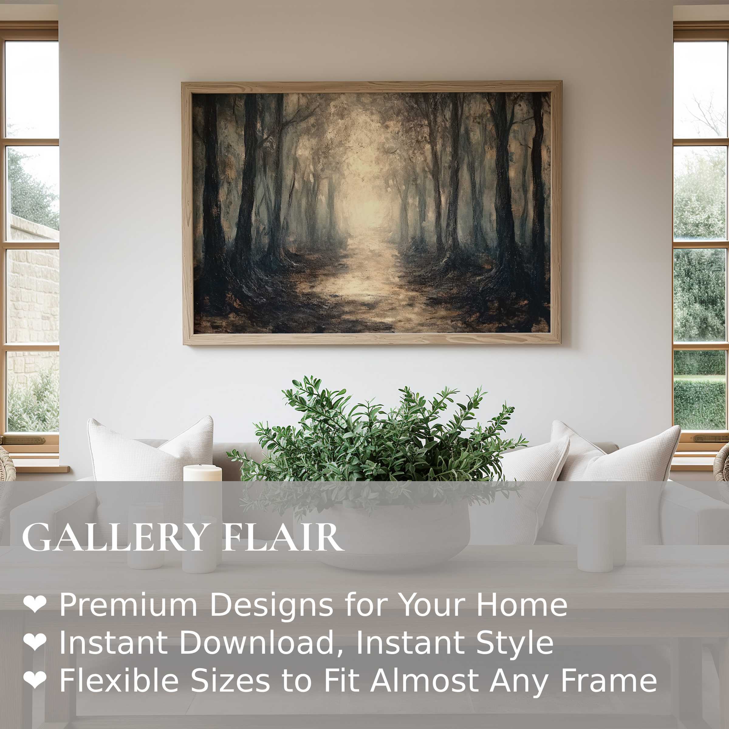 Ethereal halloween wall art print capturing a misty forest path, adding bold, moody ambiance to a sleek, modern living room