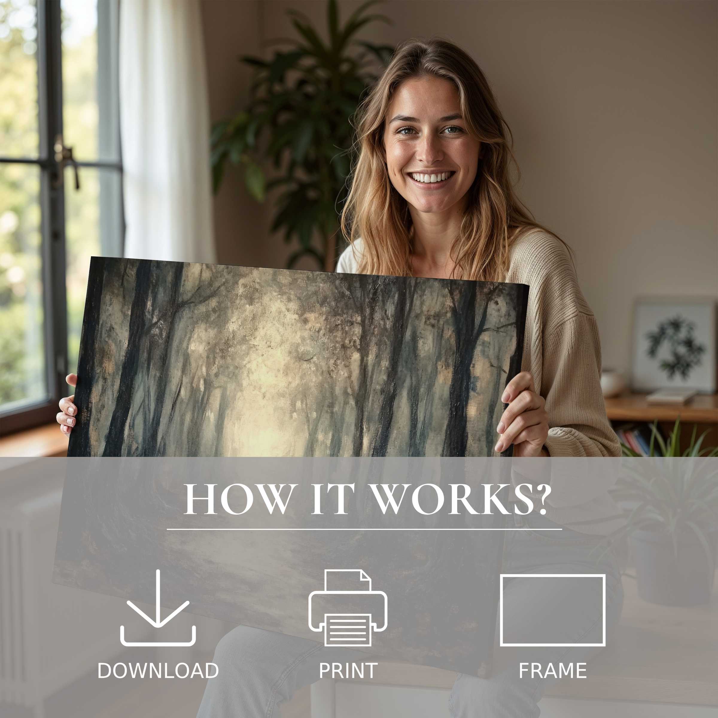 Elegant Halloween digital art print evokes tranquil autumnal forest light, celebrating art’s warm embrace in modern living