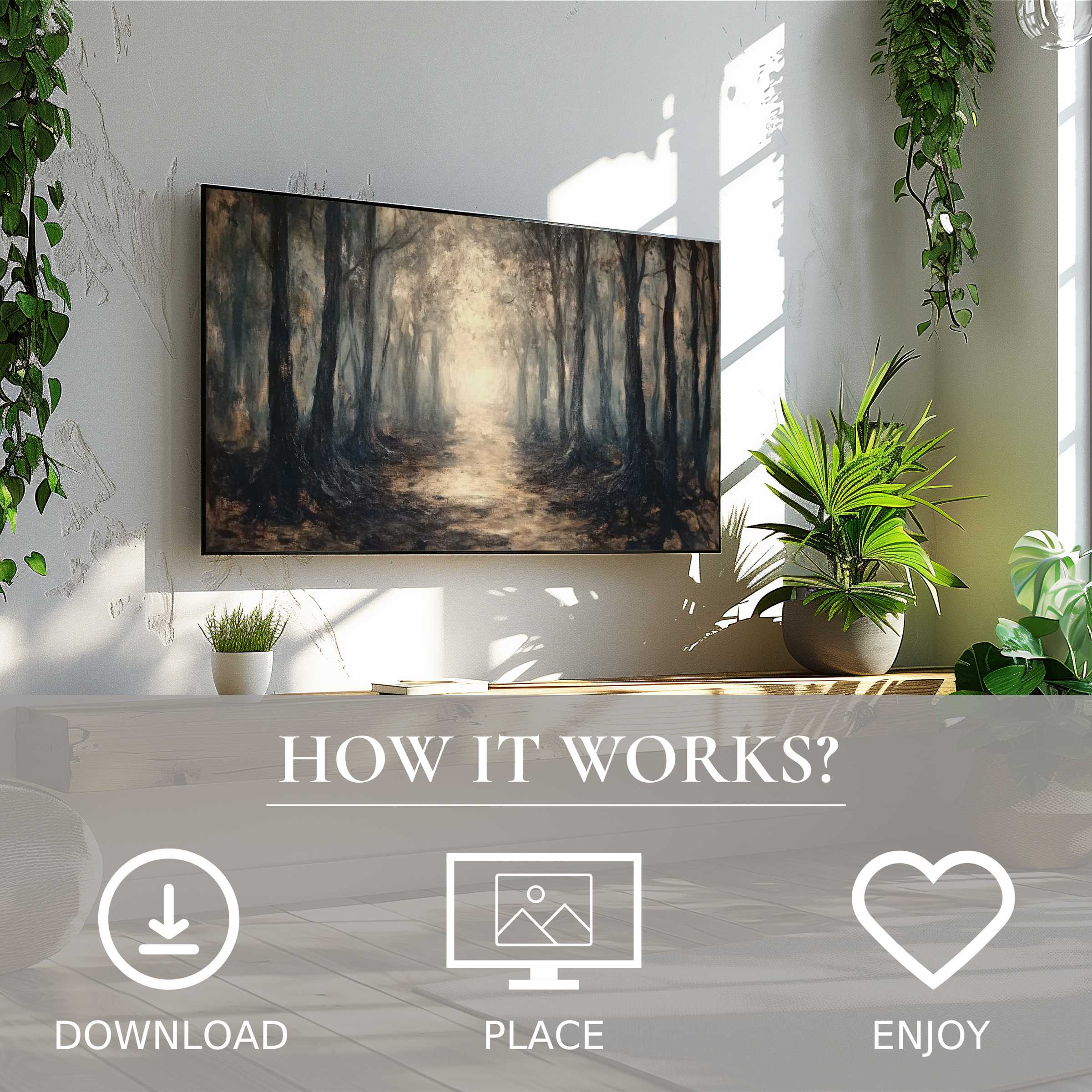 Modern living room with easy digital download of Halloween art for Samsung TV; moody forest path motif enriches space