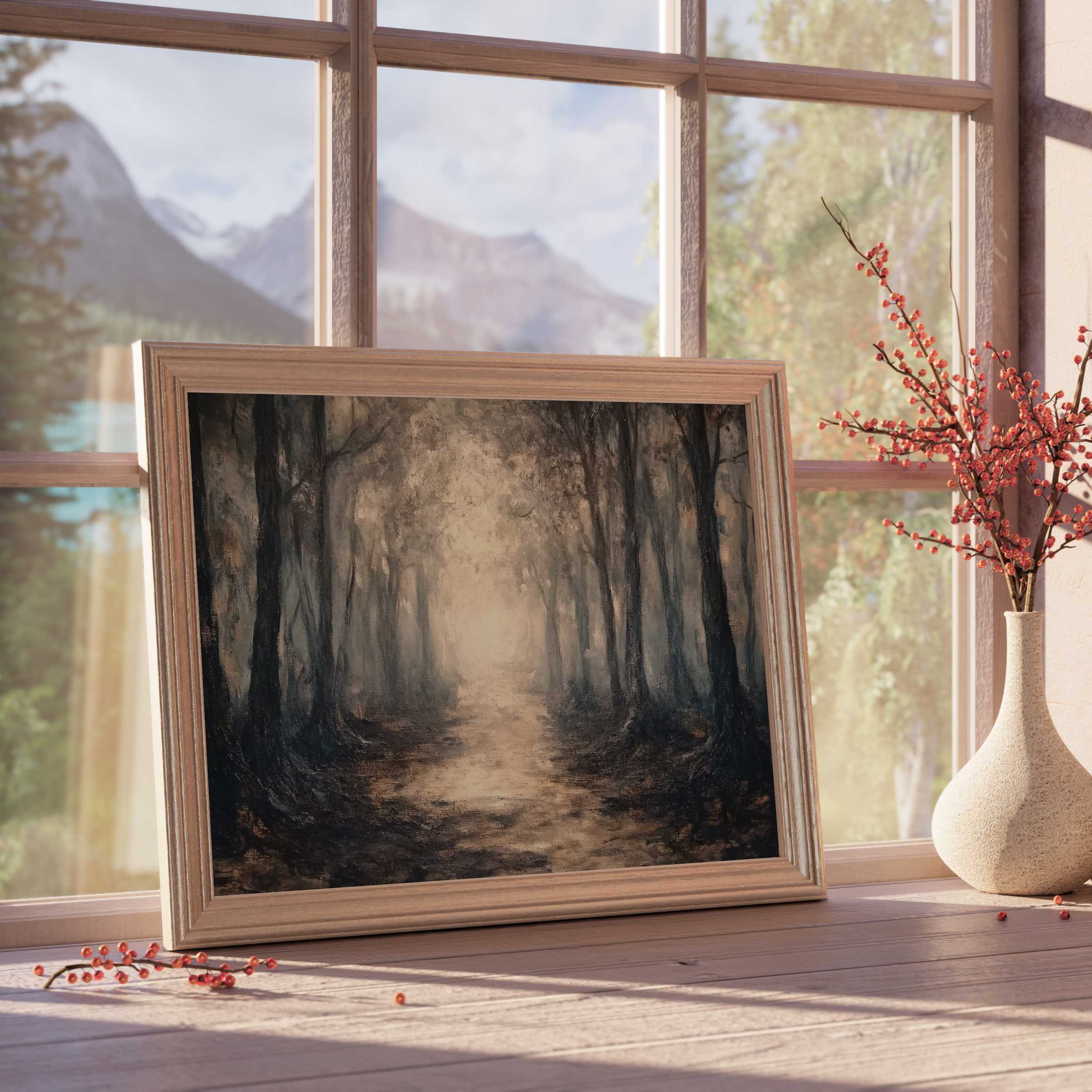 Halloween downloadable art capturing a moody forest path, perfect for elevating serene, curated interiors with autumnal charm