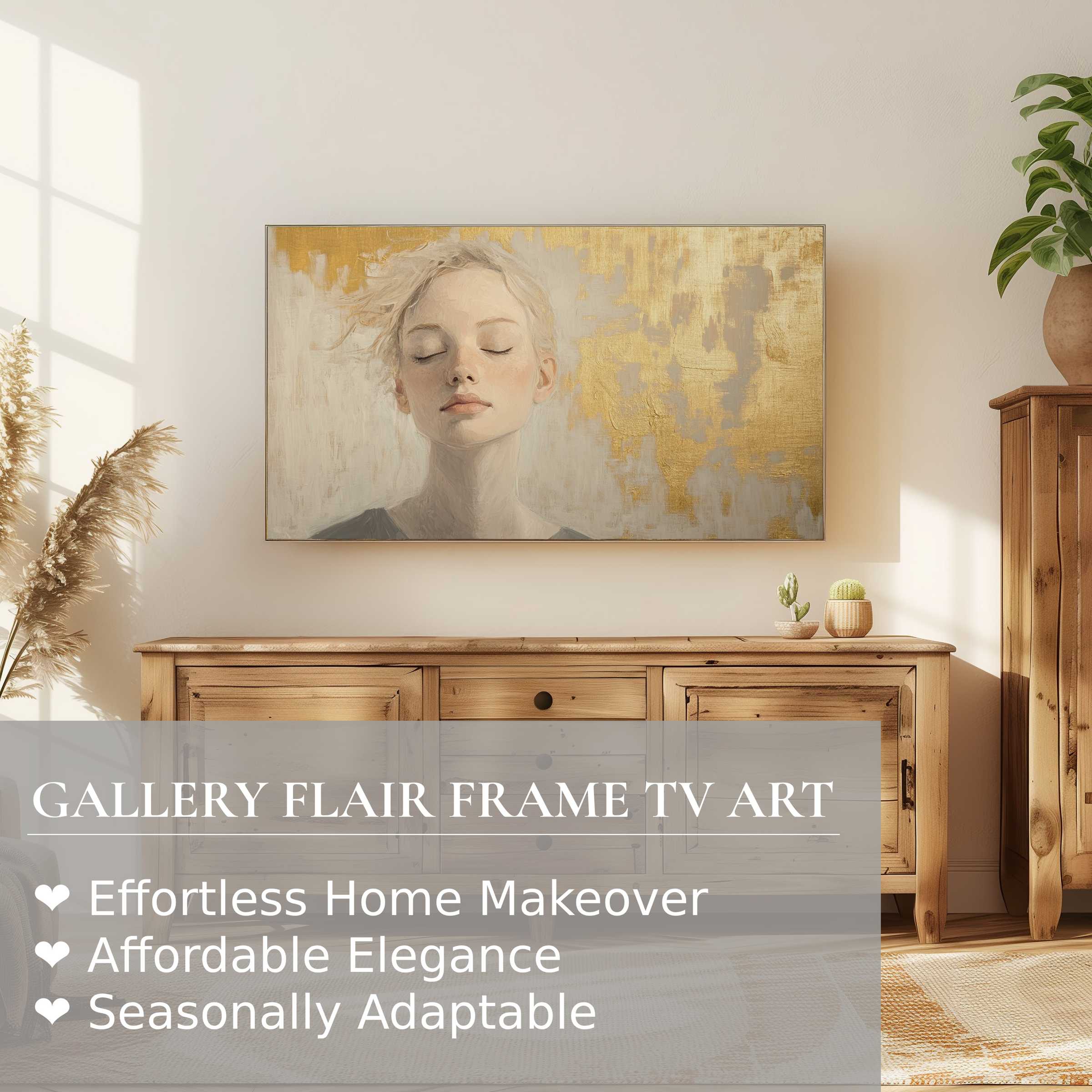 Samsung Frame TV displaying abstract digital artwork of serene woman in warm, elegant living room setting with natural decor