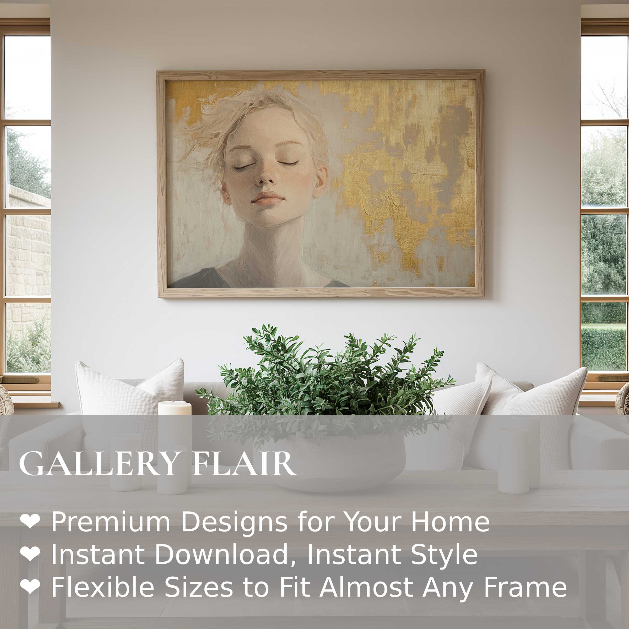 Abstract wall art print featuring a serene portrait with soft gold textures, elevating modern minimalist interiors with refined elegance