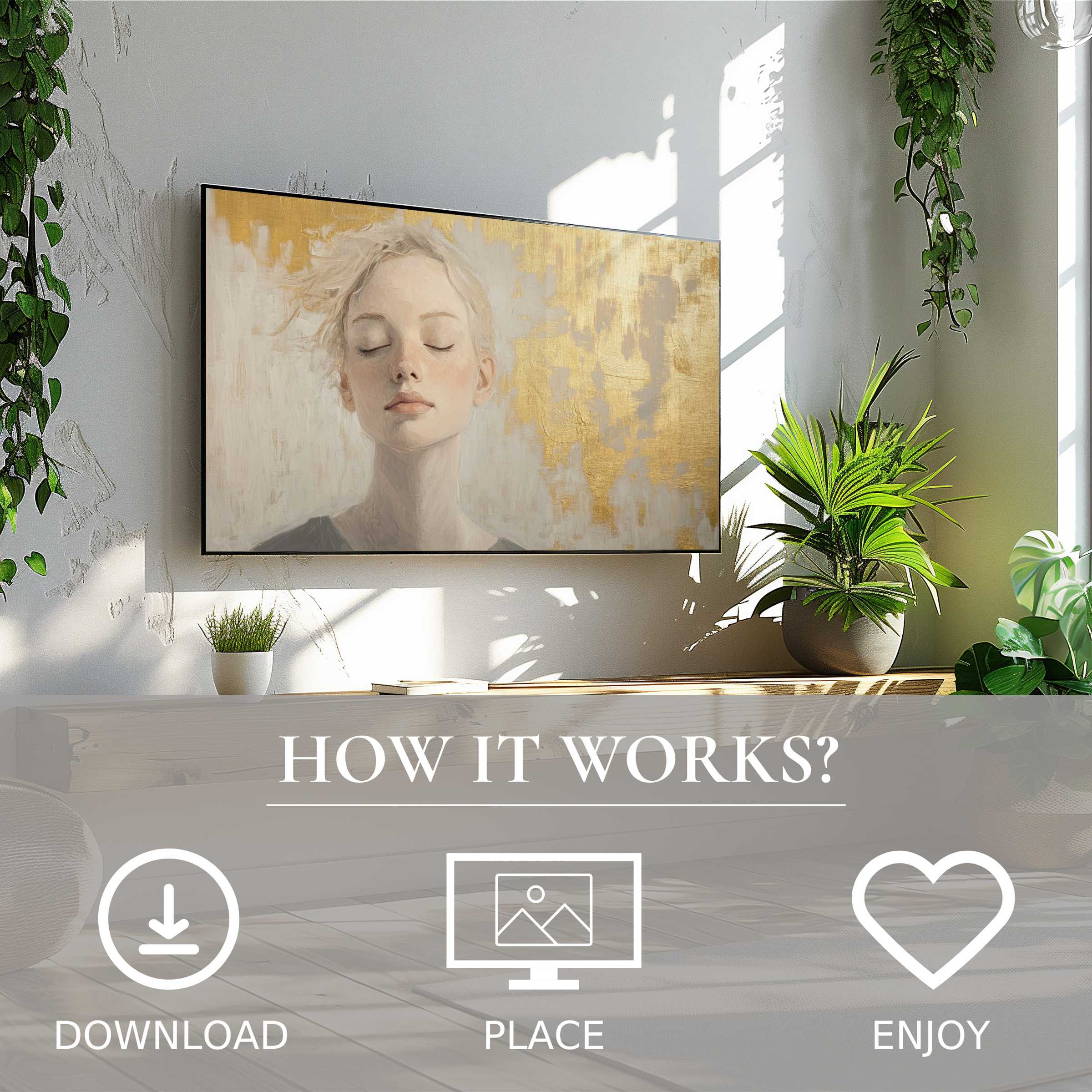 Abstract art for Samsung TV: serene portrait with soft gold hues, easy digital download enriching modern living spaces