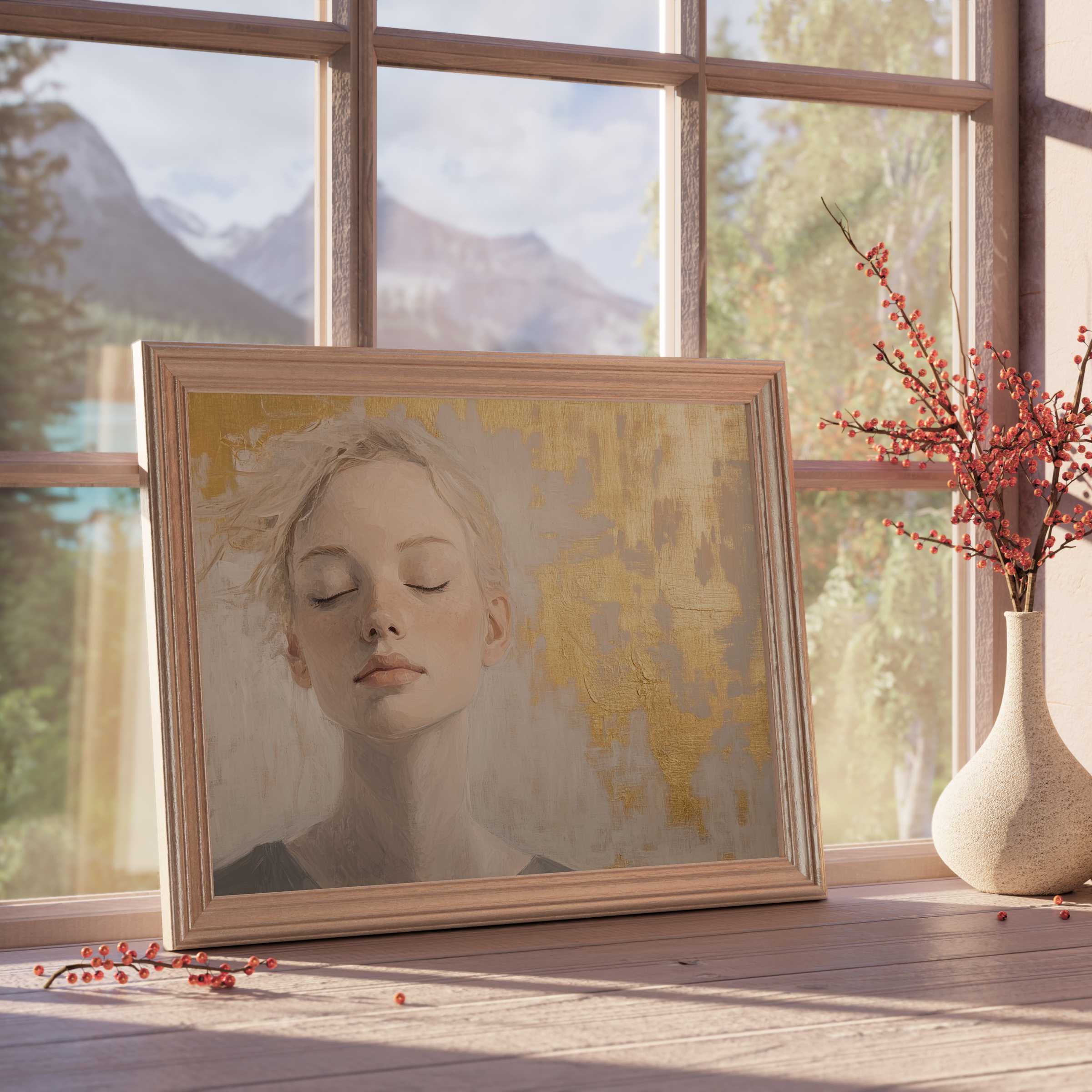 Tranquil abstract downloadable art featuring a serene female portrait with gold leaf accents, elevating curated modern interiors
