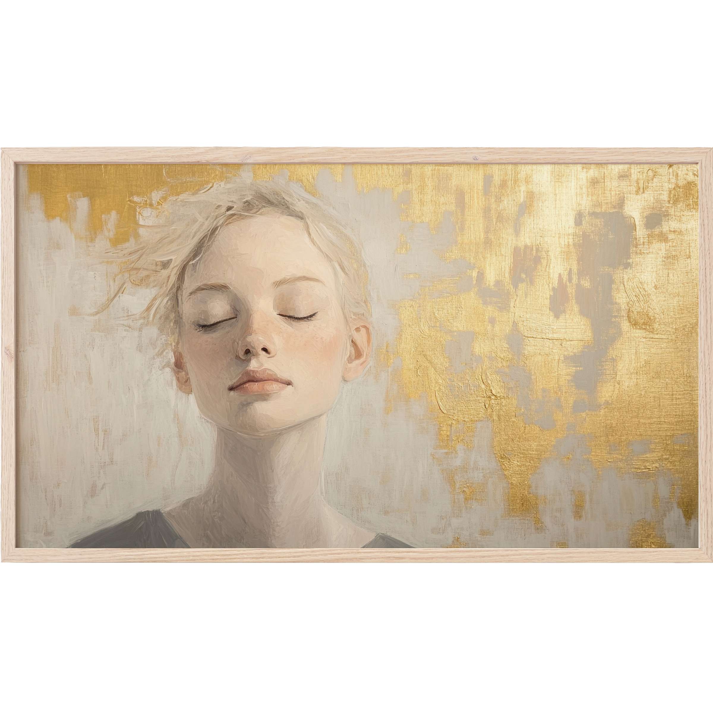 Elegant portrait of a serene woman with soft tones and gold accents, perfect abstract Frame TV Art for modern decor