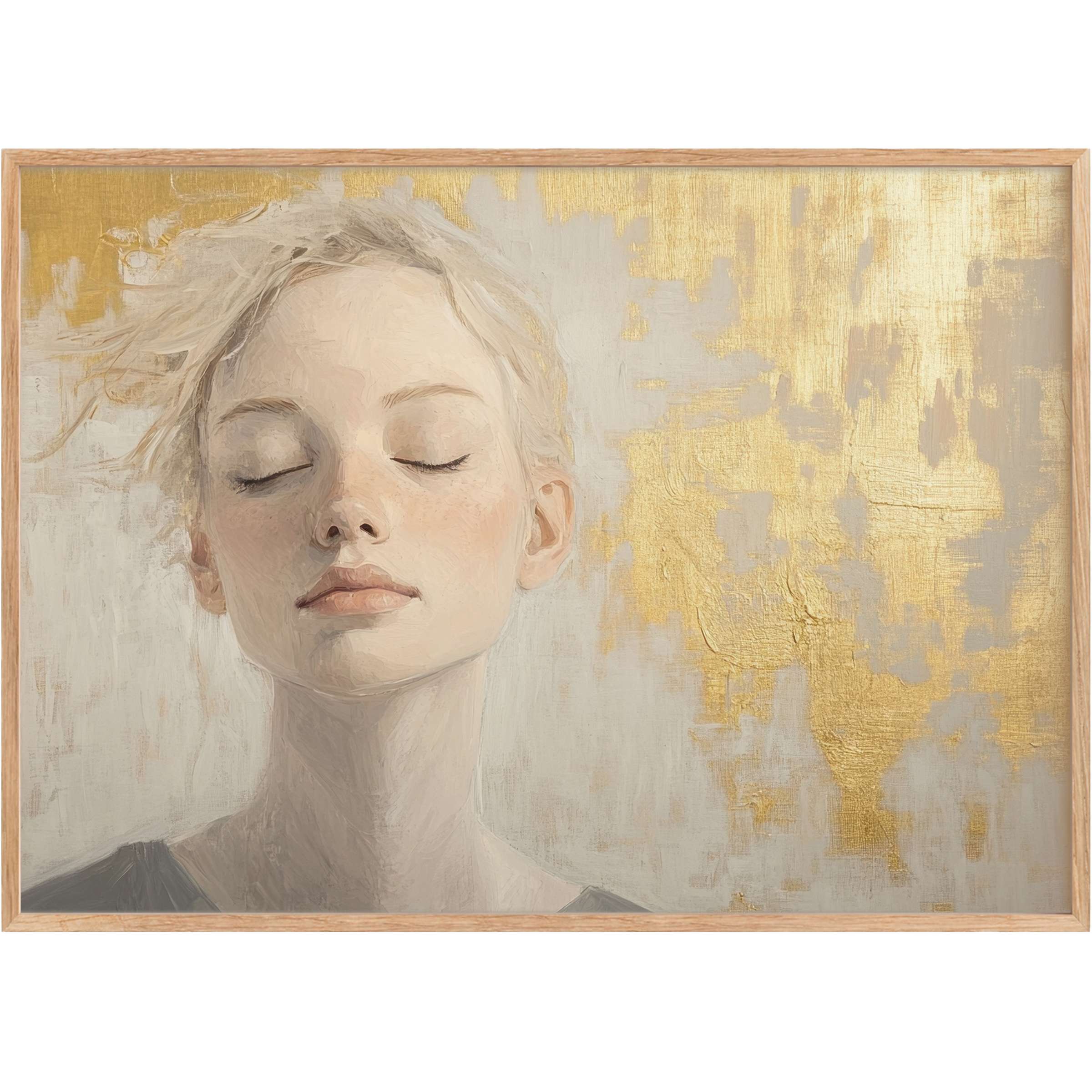 Serene portrait with soft neutrals and shimmering gold accents, an abstract printable wall art that elevates calm sophistication