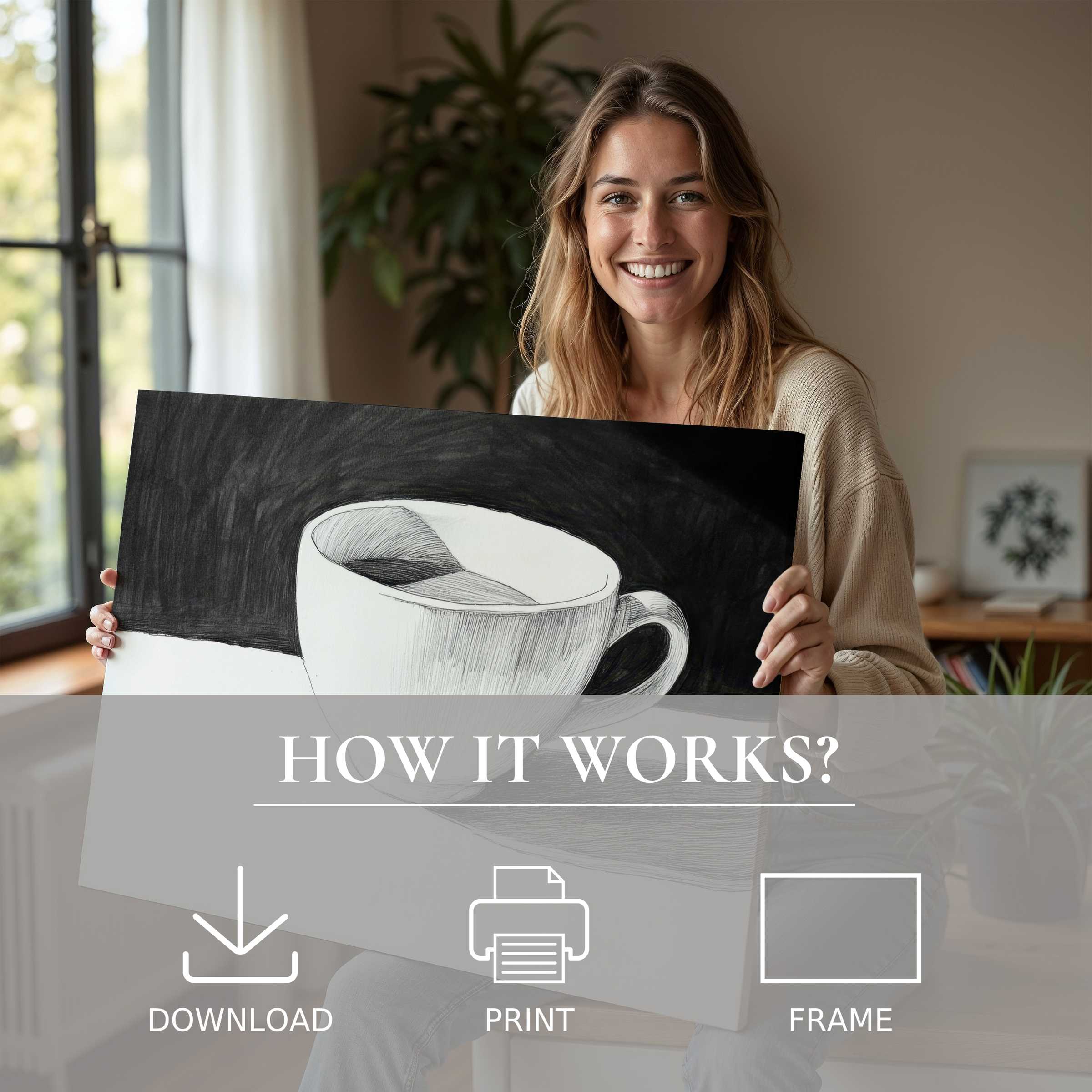 Bright, modern interior radiates warmth as a woman shares a black and white digital art print, blending joy with effortless elegance