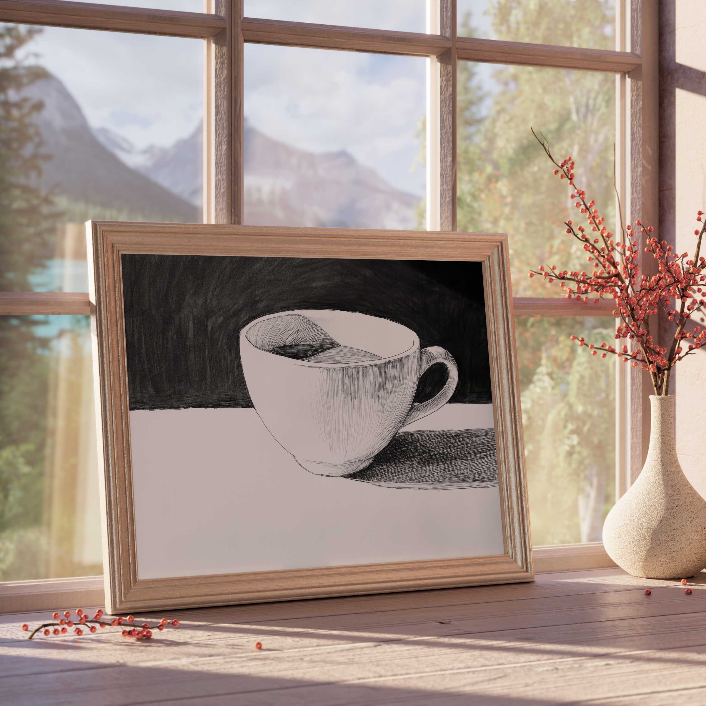 Black and white downloadable art of a serene teacup sketch, framed in natural wood, elevating calm, curated, minimalist interiors
