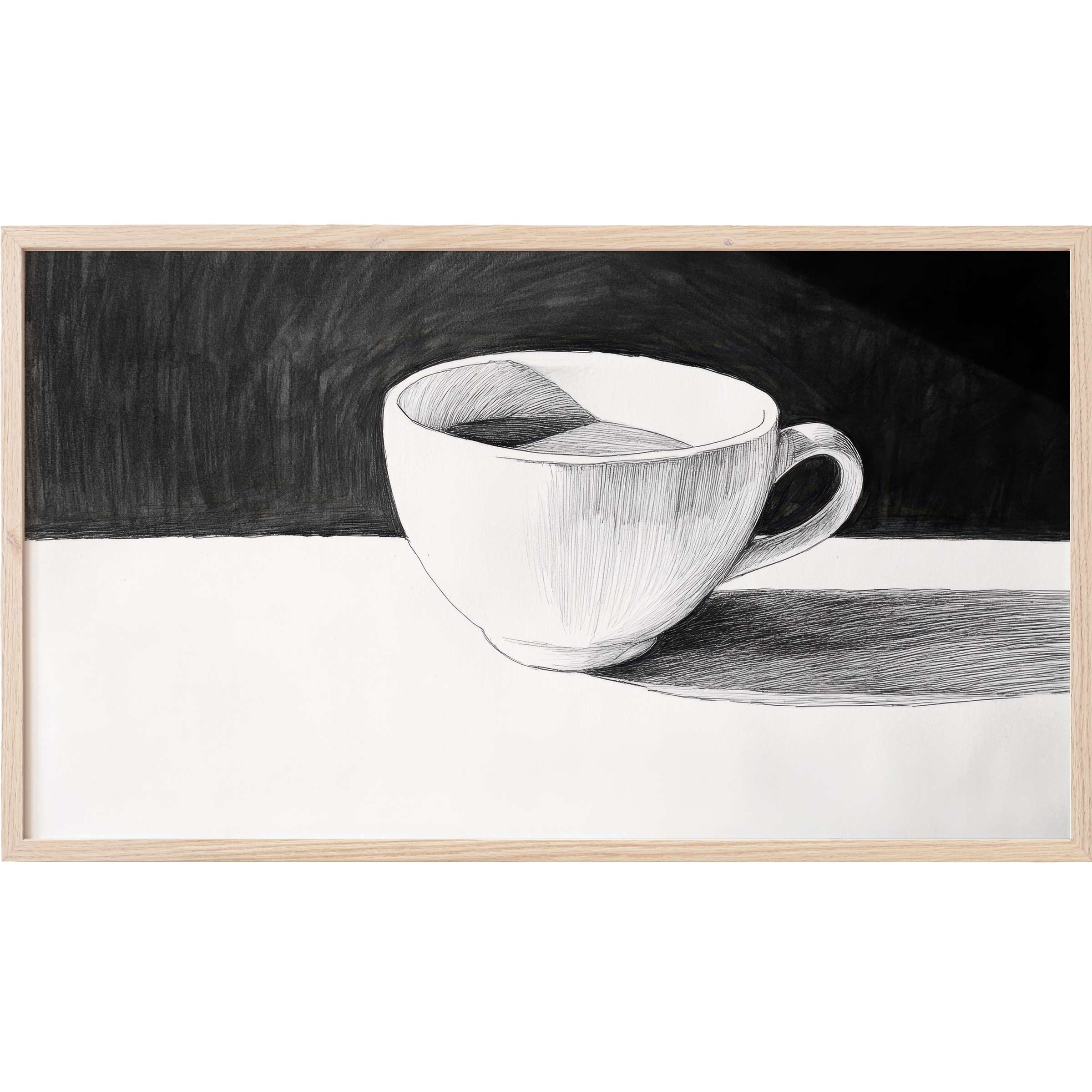 Minimalist black and white Frame TV Art of a cup with delicate shading and contrast in a modern, elegant style