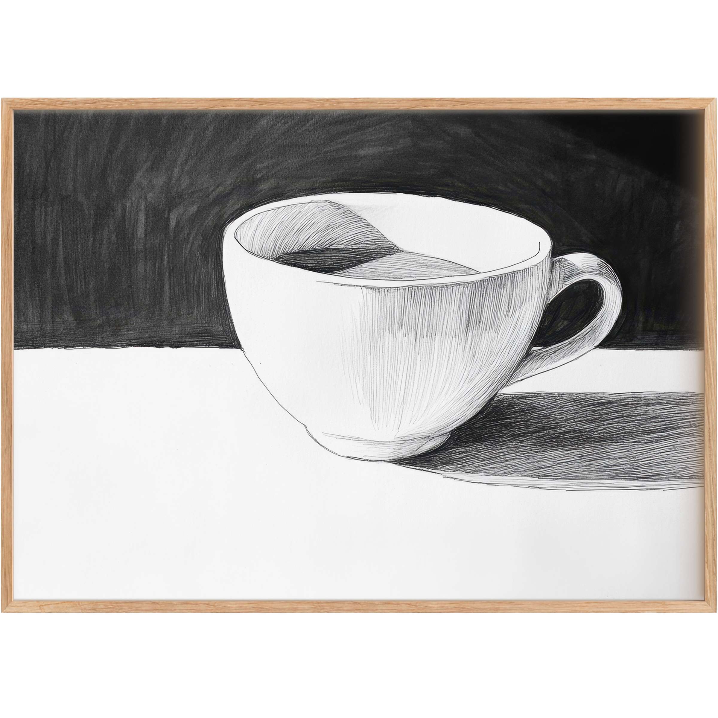 Elegant black and white printable wall art featuring a serene cup in soft shadows, evoking calm sophistication and subtle warmth