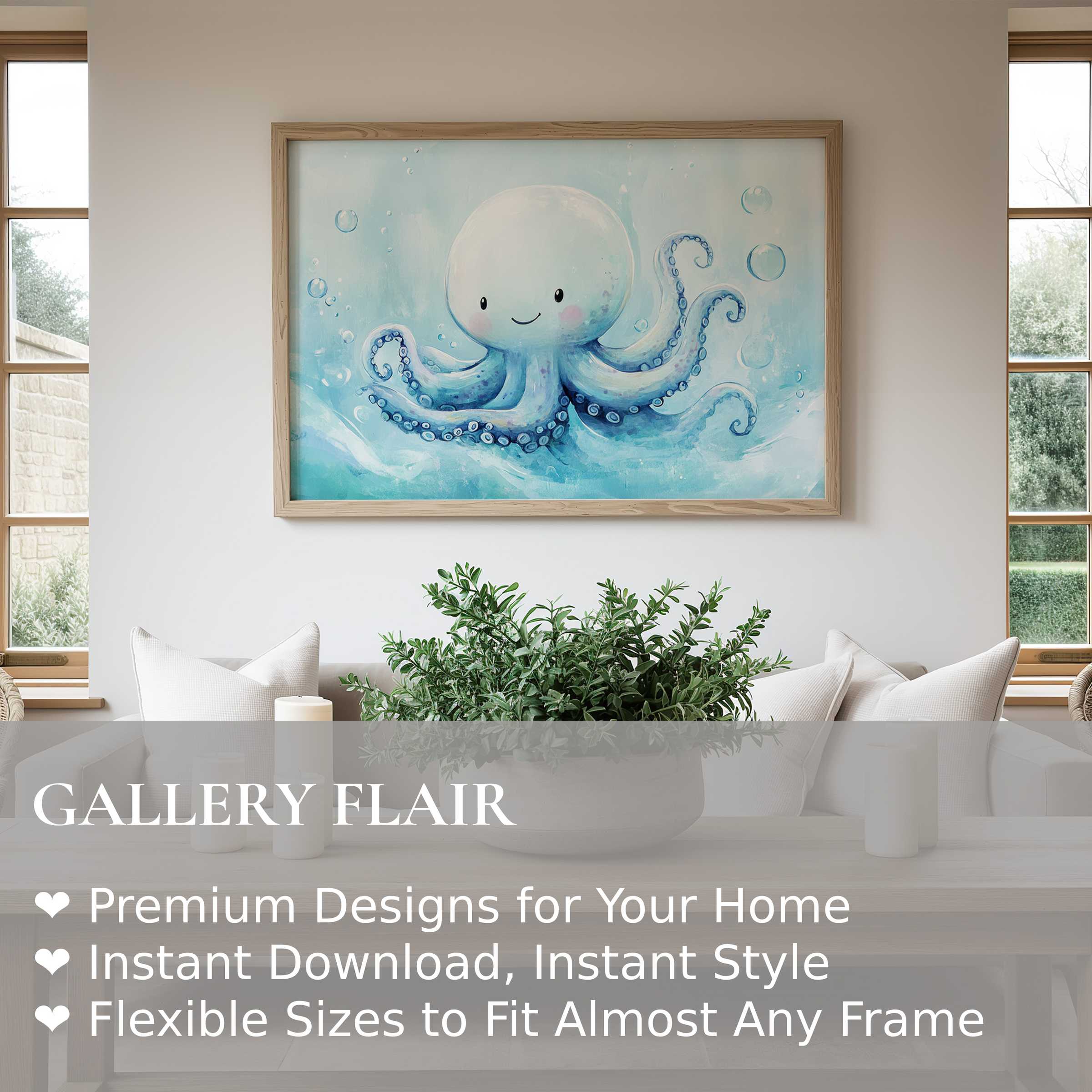 Nursery wall art print featuring a soft, cheerful octopus in gentle blues, adding calming charm to modern minimalist interiors
